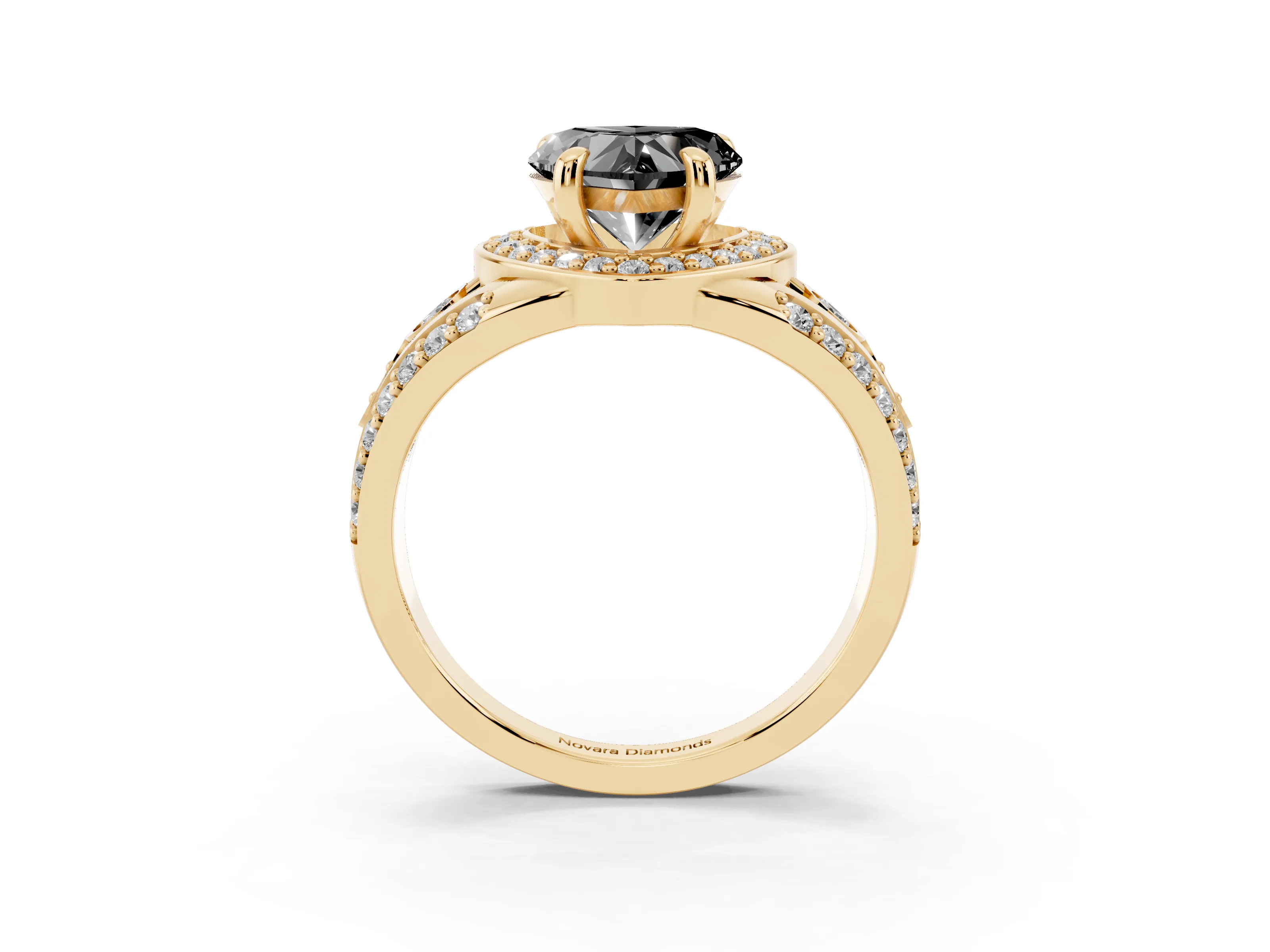 Fancy Black Heart Cut Diamond Halo Ring Set in Yellow gold with Pavé Split Shank and Bezel Accents