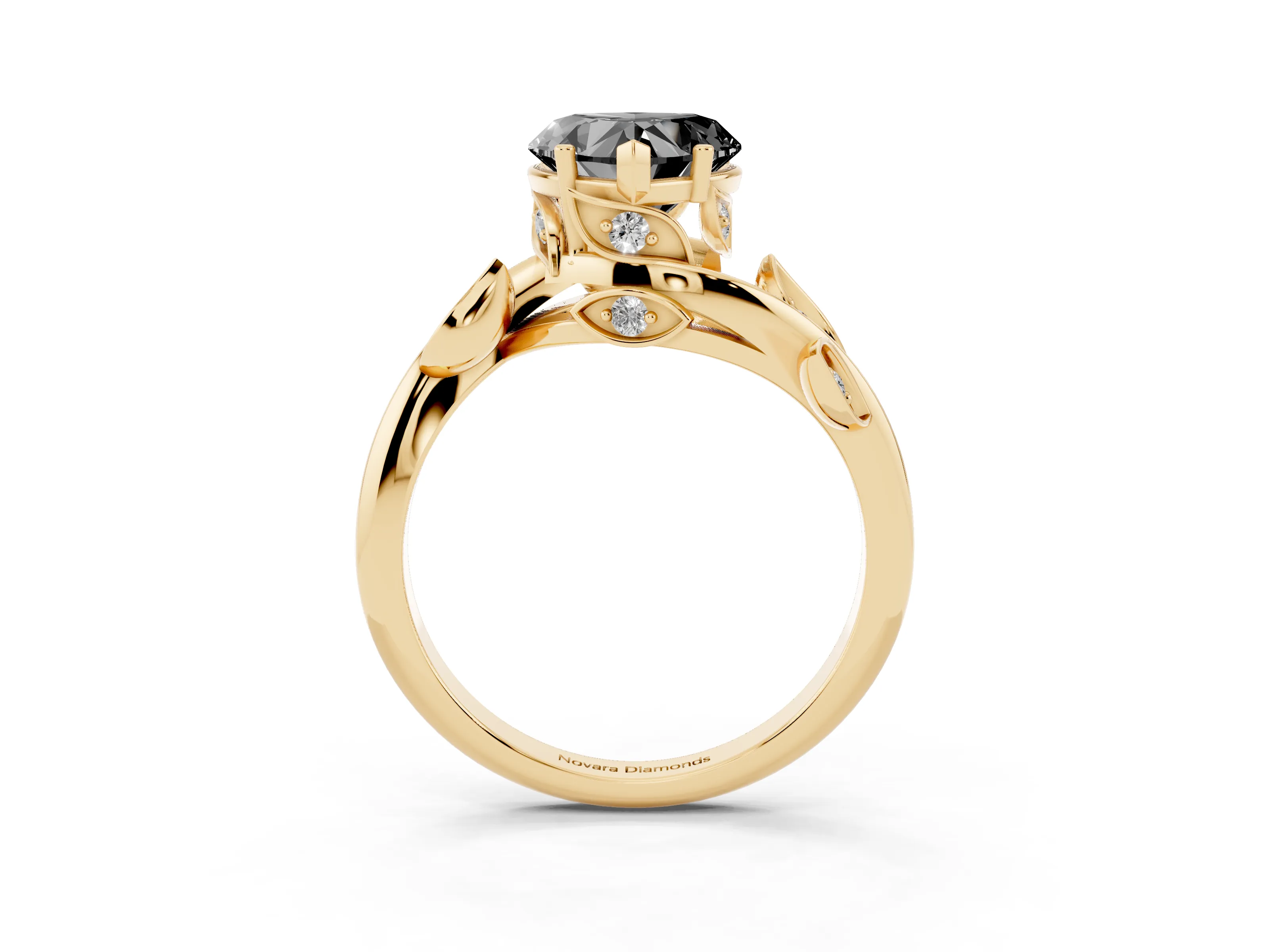 Fancy Black Heart Cut Diamond Solitaire Twist Engagement Ring Set in Yellow gold with Pavé Leaf Accents