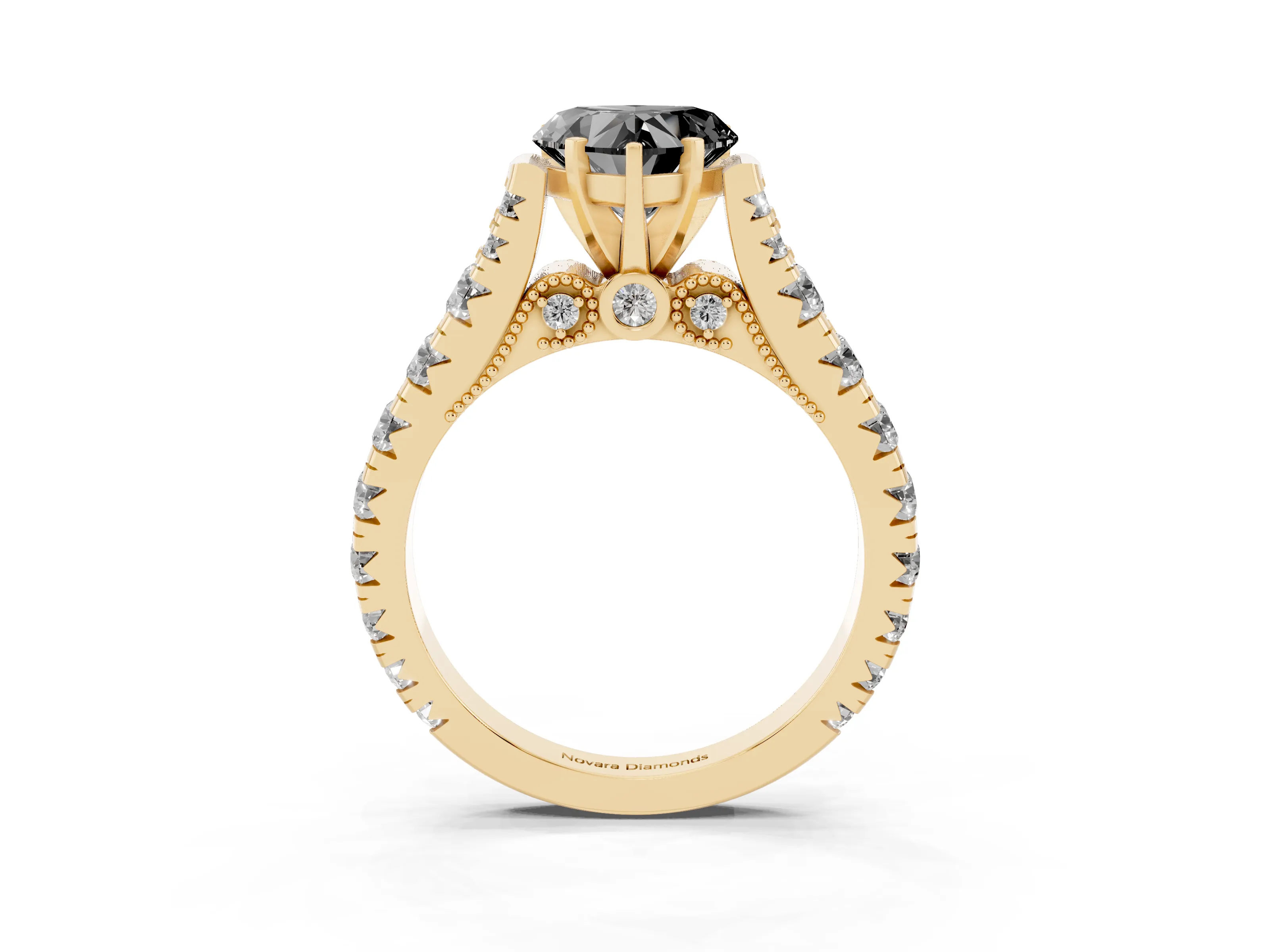 Fancy Black Heart Cut Diamond Classic Solitaire Ring Set in Yellow gold with Pavé Band and Prong Setting