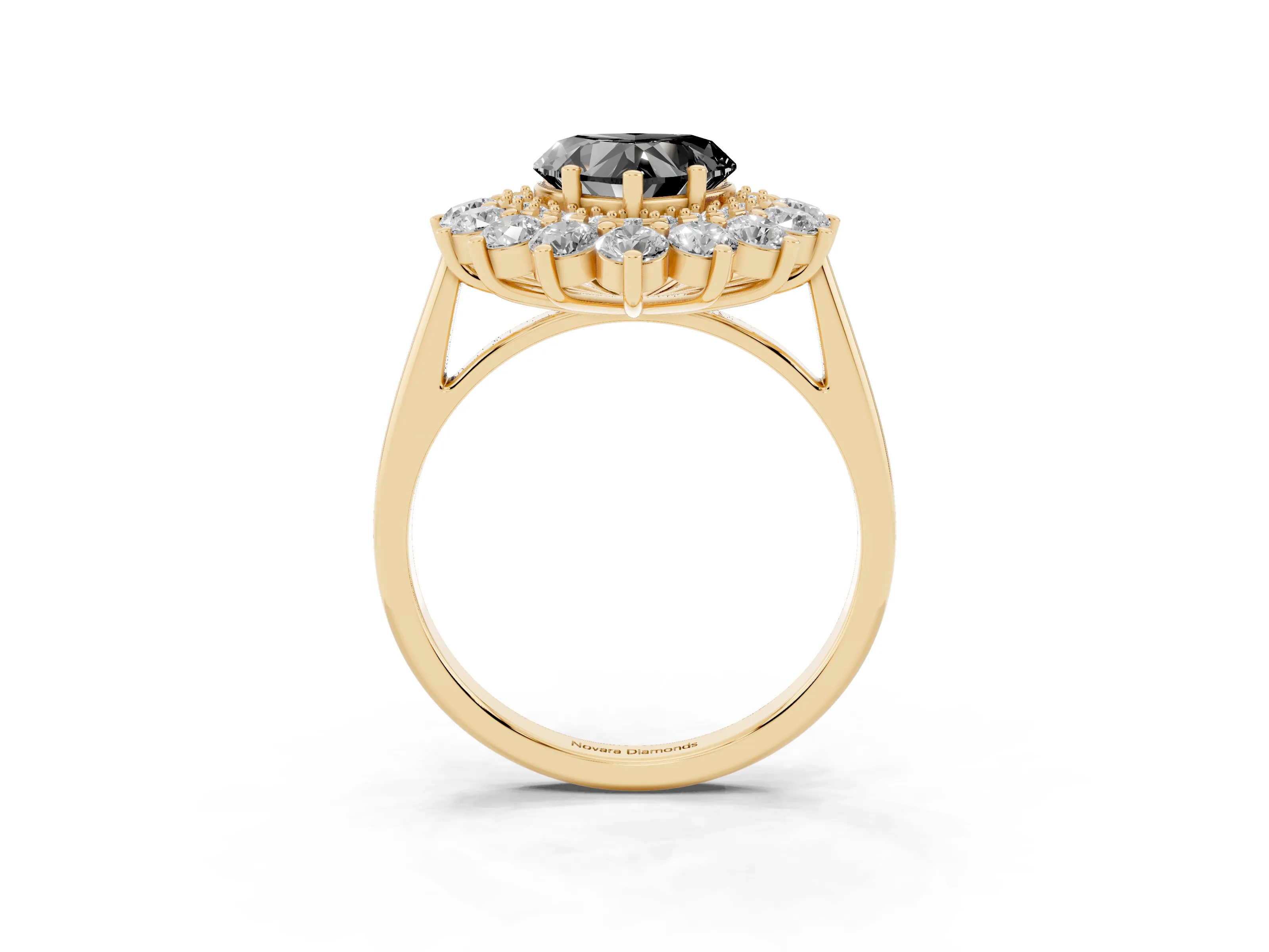 Fancy Black Heart Cut Diamond Floral Double Halo Ring Set in Yellow gold with Round Petals