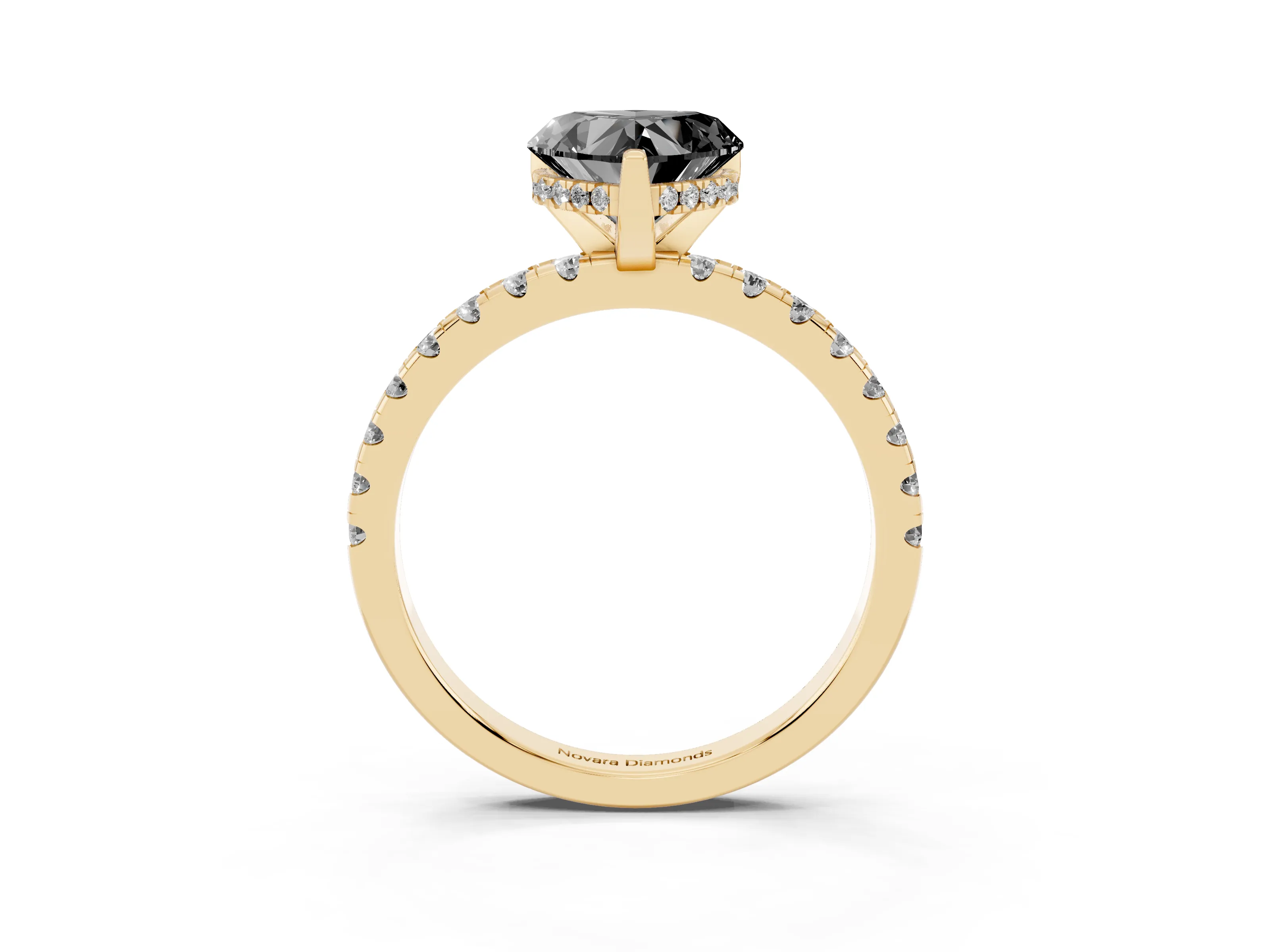 Fancy Black Heart Cut Diamond Pavé Solitaire Ring Set in Yellow gold with Round Band Accents and Prong Setting