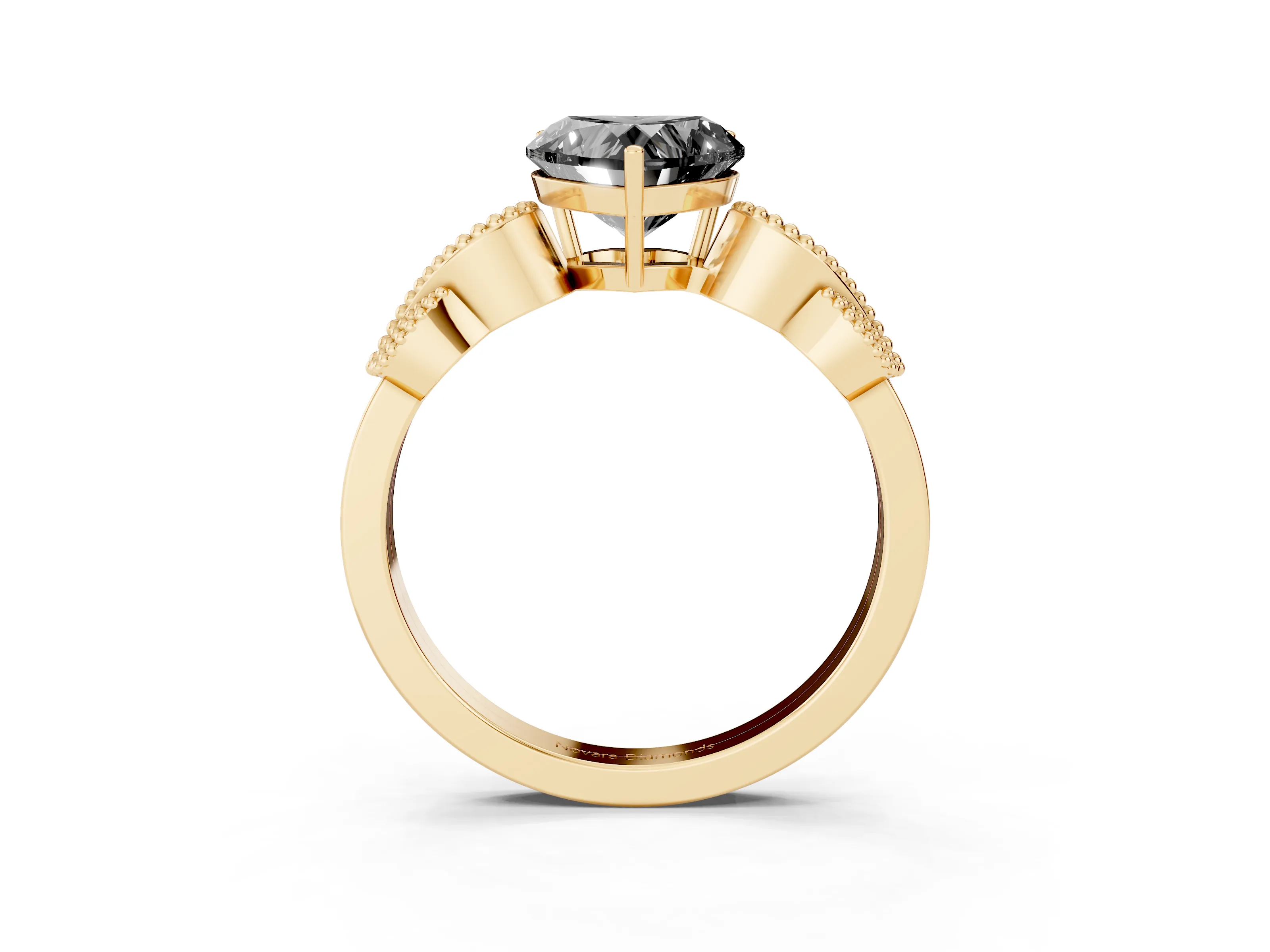 Fancy Black Heart Cut Diamond Milgrain Leaf Band Solitaire Ring Set in Yellow gold with Accent Stones and Prong Setting