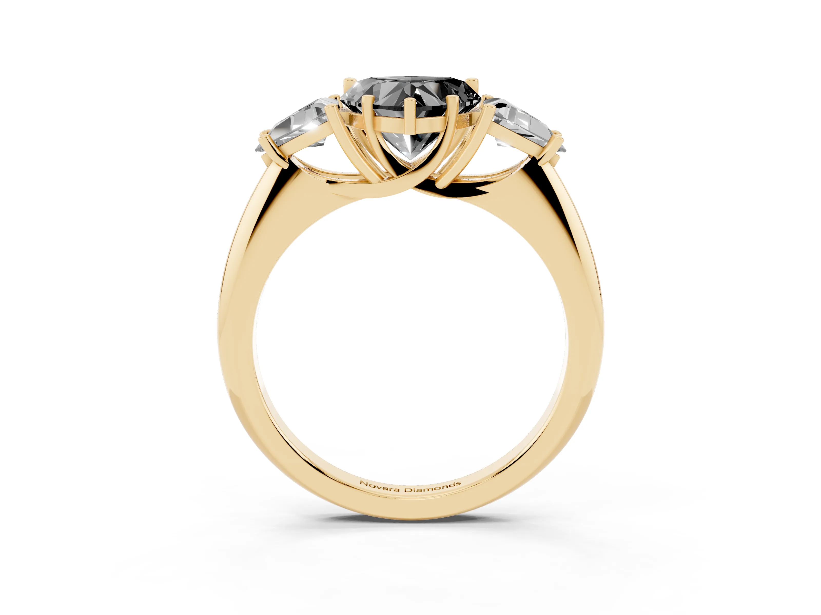 Fancy Black Heart Cut Diamond Three-Stone Engagement Ring Set in Yellow gold with Trillion Side Stones