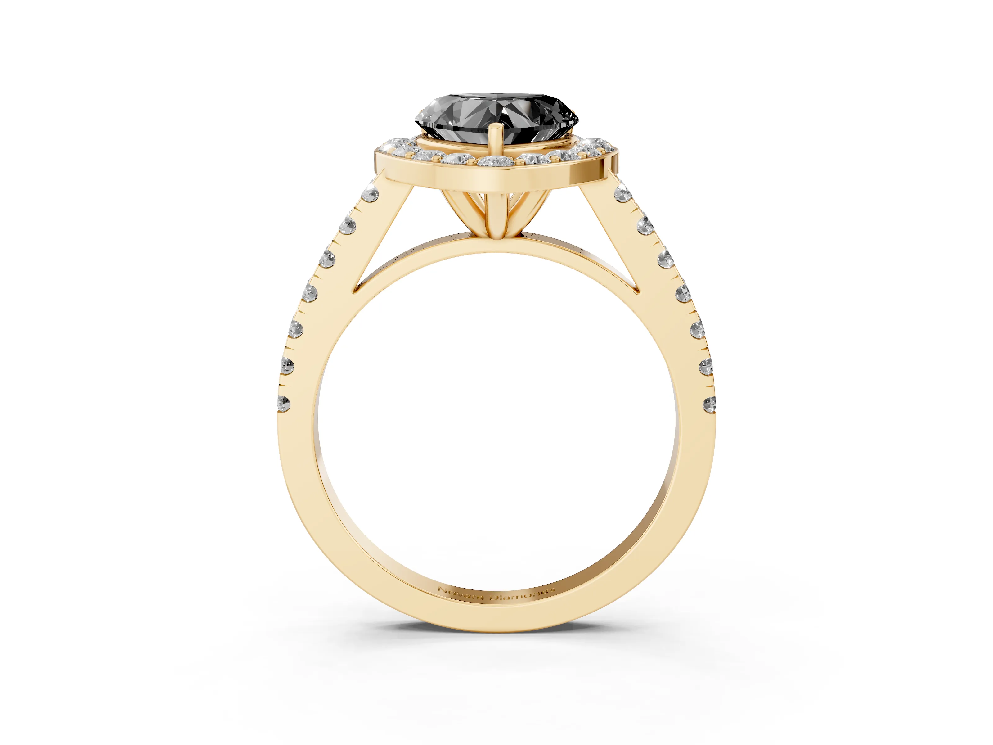 Fancy Black Heart Cut Diamond Halo Ring Set in Yellow gold with Round Pavé Split Shank and Prong Setting