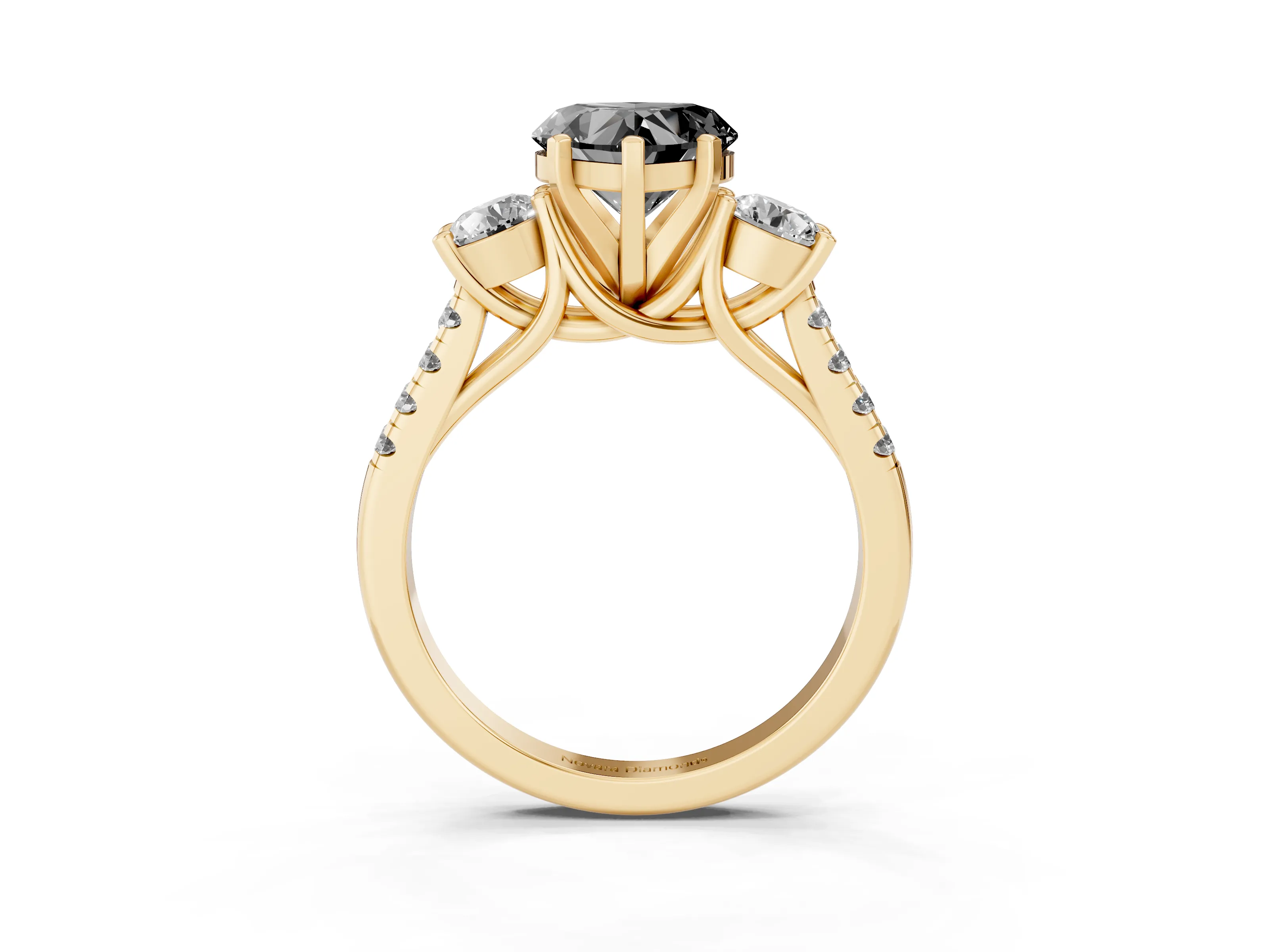 Fancy Black Three-Stone Heart Cut Diamond Pavé Band Ring Set in Yellow gold with Prong-Set Trio
