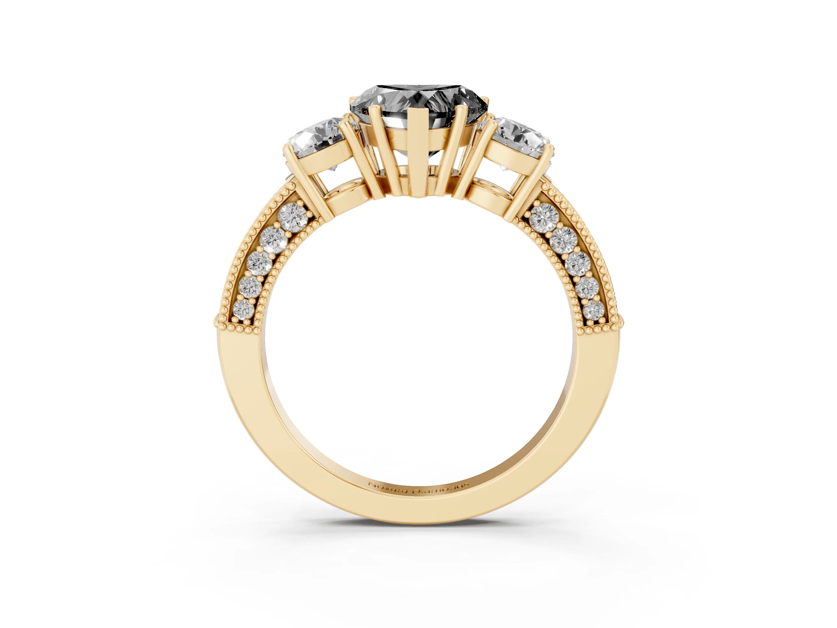 Fancy Black Heart Cut Diamond Three-Stone Ring Set in Yellow gold with Round Side Stones and Pavé Band
