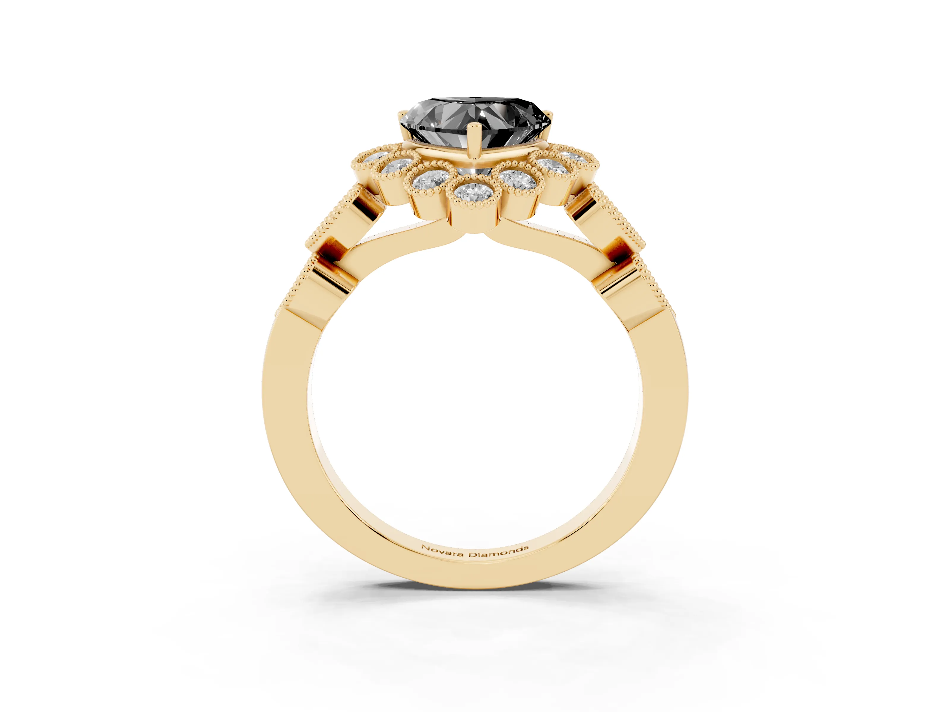 Fancy Black Heart Cut Diamond Solitaire Ring Set in Yellow gold with Milgrain Pavé Heart Band