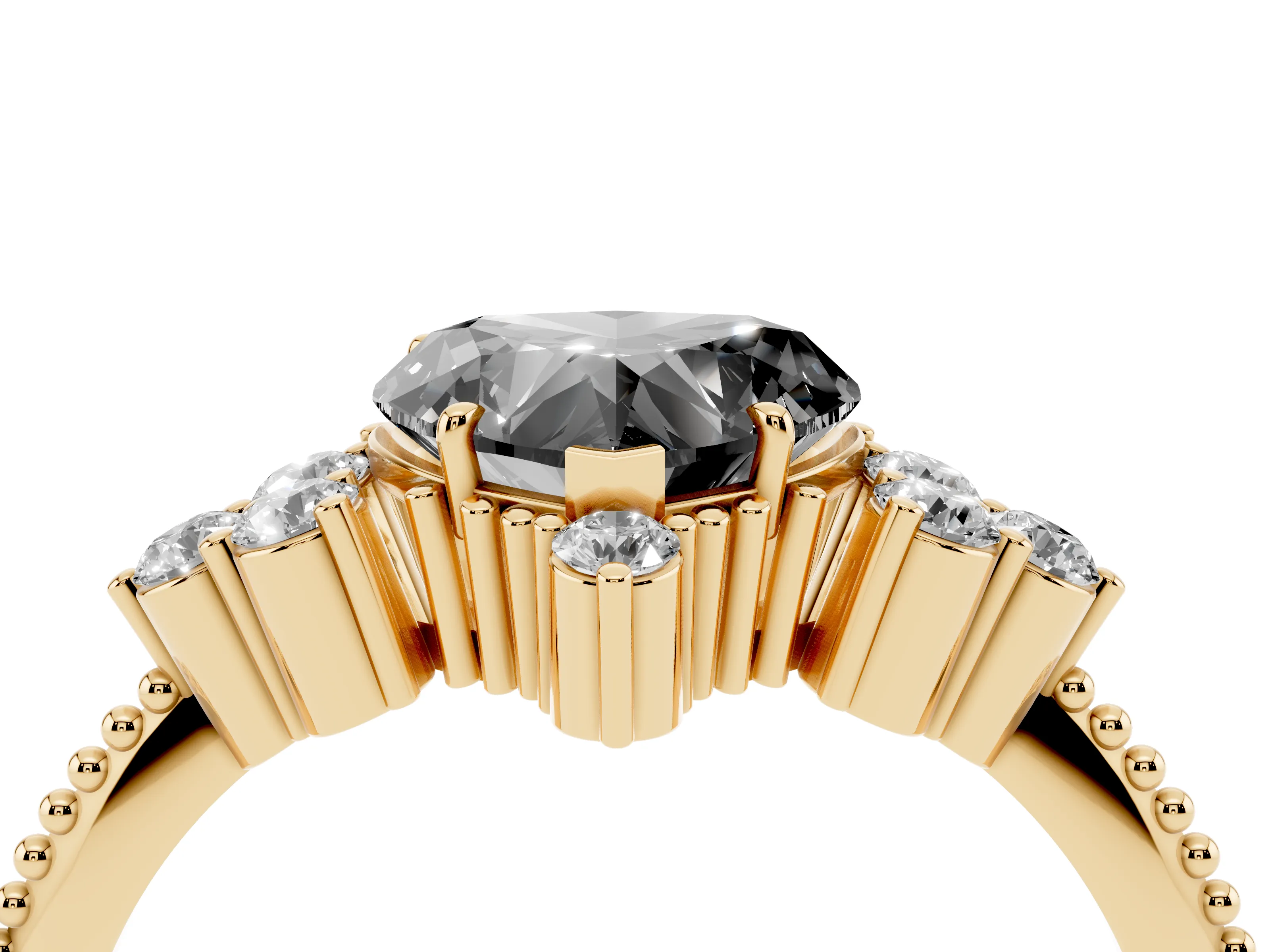 Fancy Black Heart Cut Diamond Cluster Ring Set in Yellow gold with Beaded Band