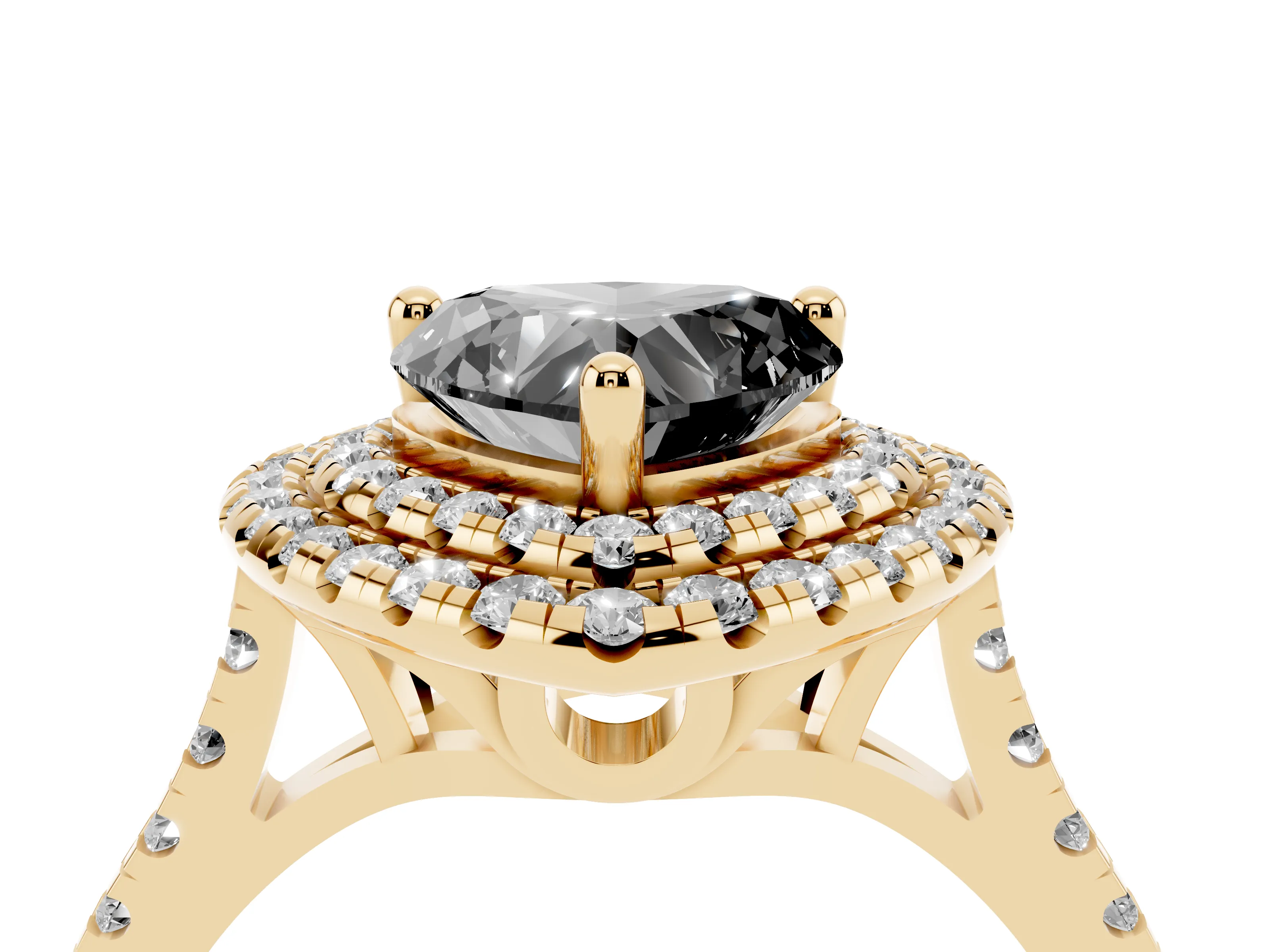 Fancy Black Heart Cut Diamond Double Halo Statement Ring Set in Yellow gold with Pavé Band