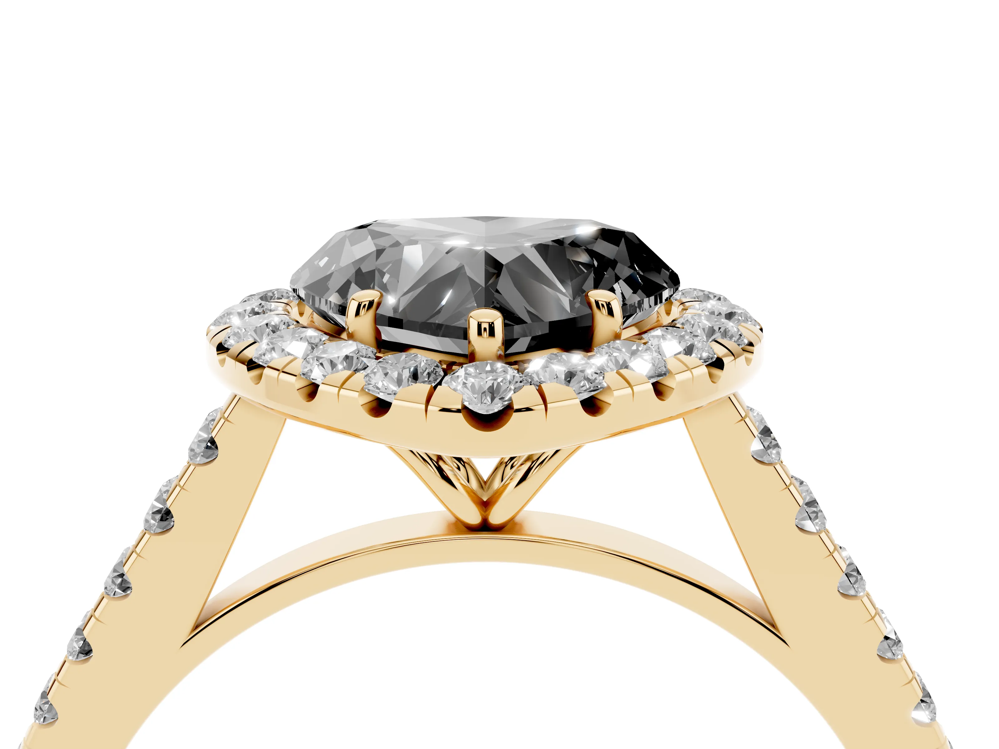 Fancy Black Heart Cut Diamond Halo Pavé Engagement Ring Set in Yellow gold with Prong Setting