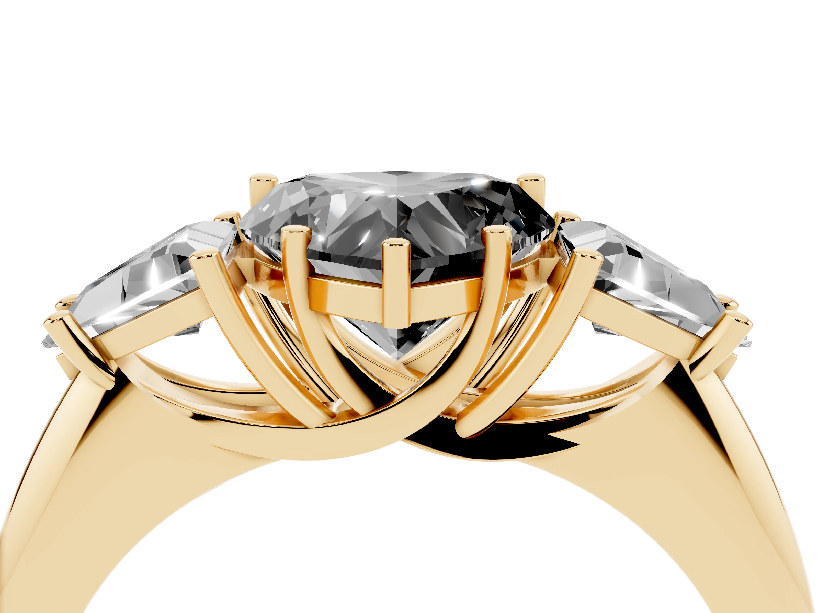 Fancy Black Heart Cut Diamond Three-Stone Engagement Ring Set in Yellow gold with Trillion Side Stones