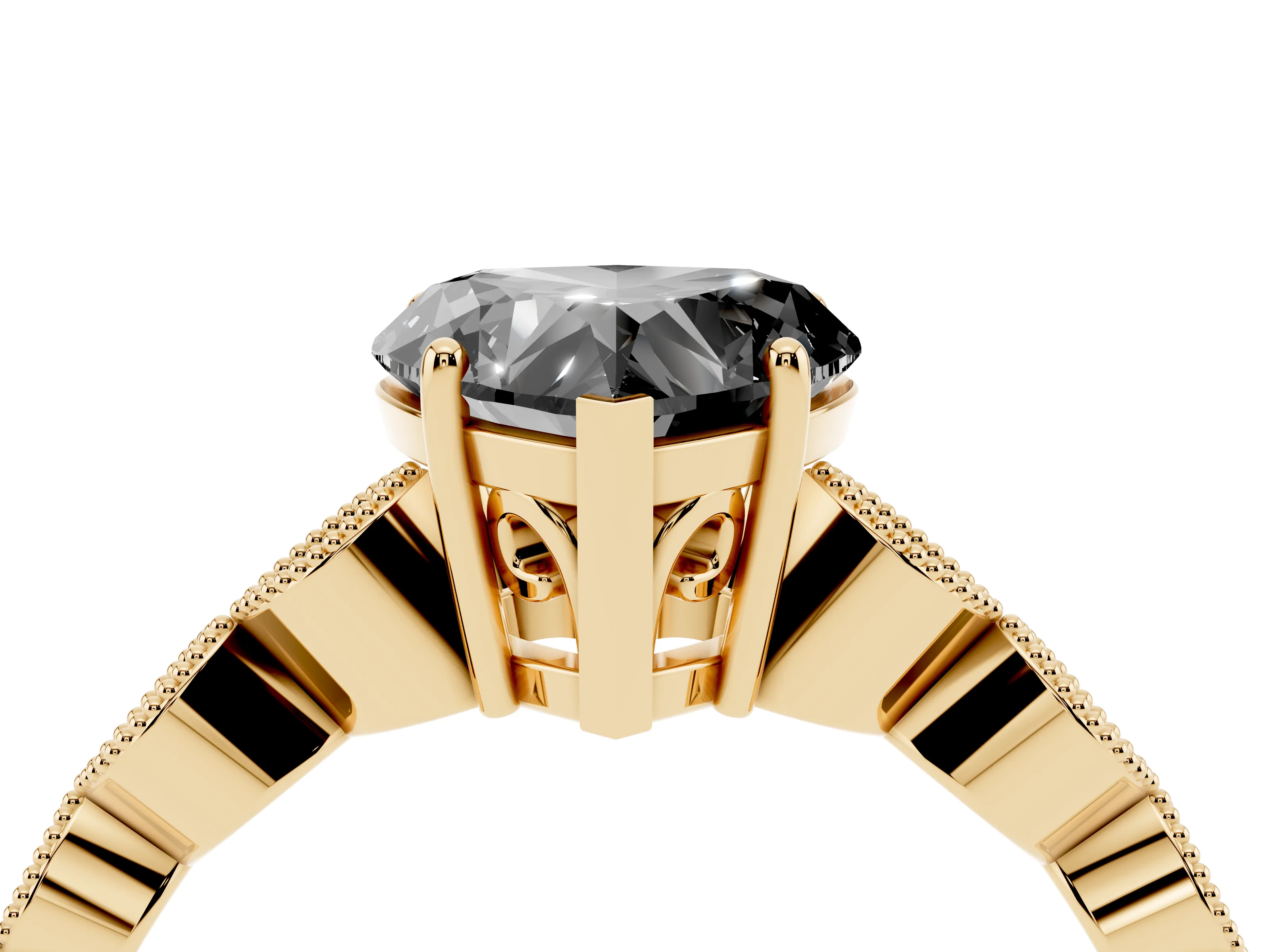 Fancy Black Heart Cut Diamond Solitaire Ring Set in Yellow gold with Infinity Twist Pavé Band