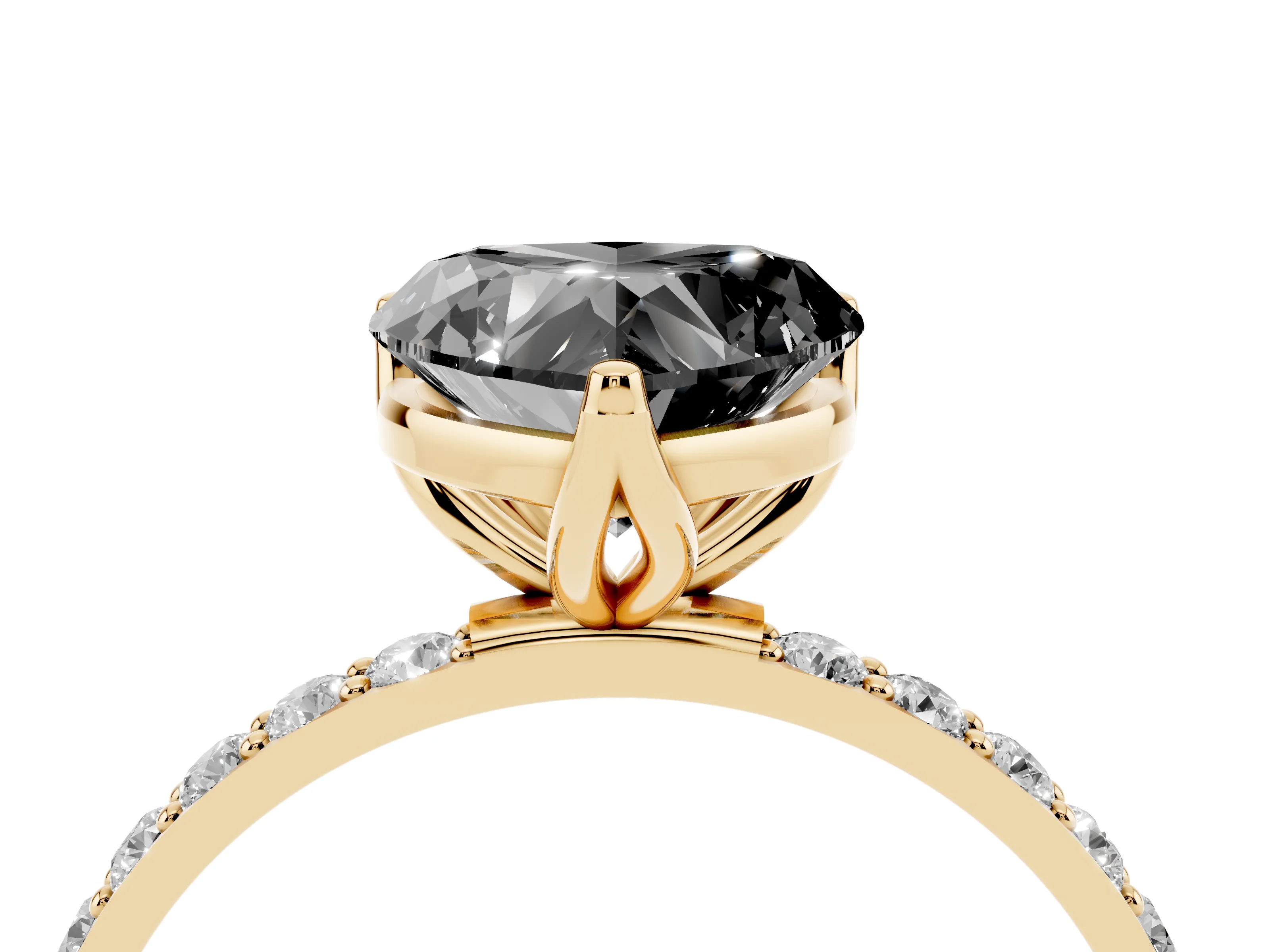 Fancy Black Heart Cut Diamond Solitaire Engagement Ring Set in Yellow gold with Round Pavé Band and Prong Setting