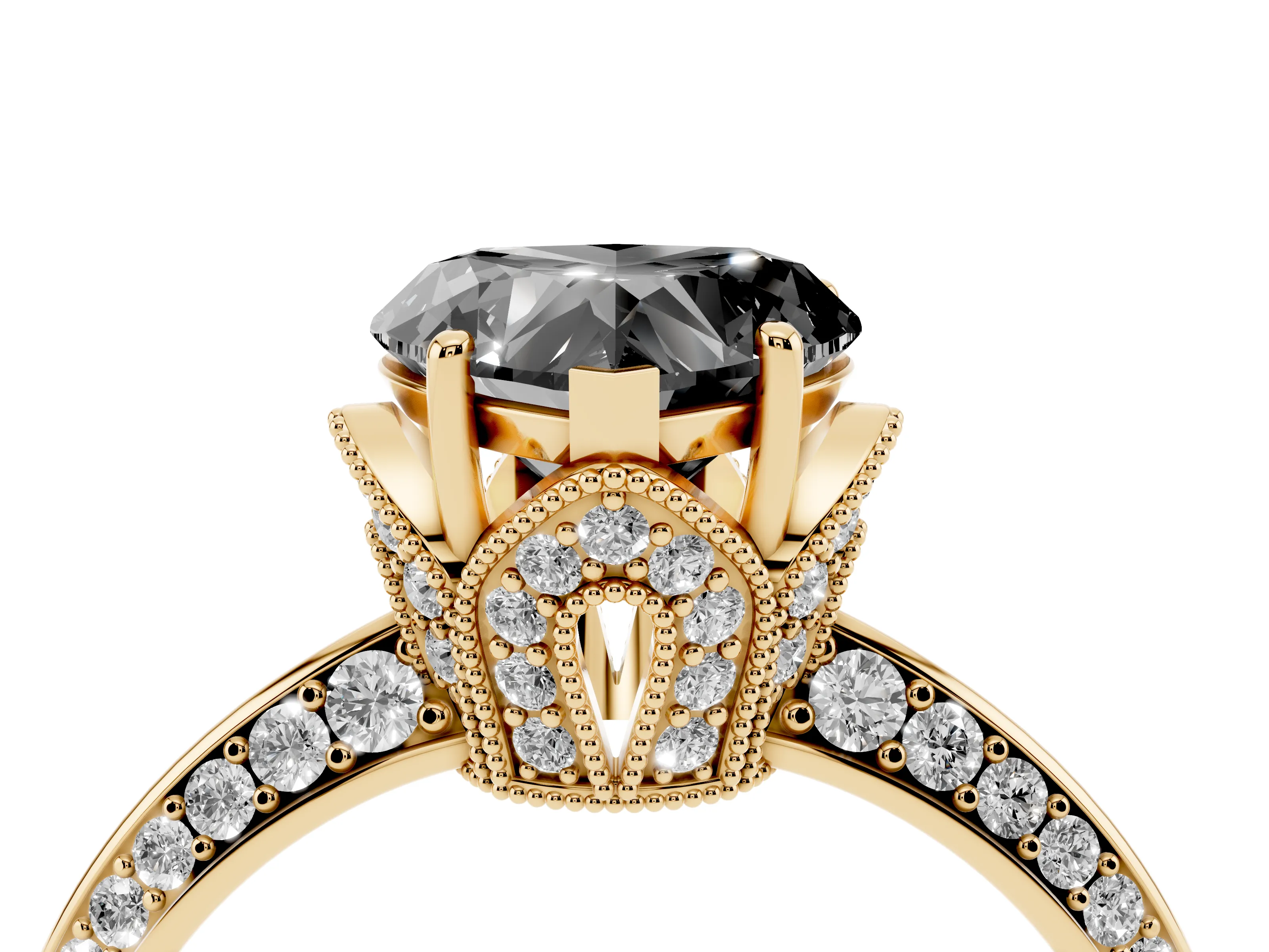 Fancy Black Heart Cut Diamond Solitaire Engagement Ring Set in Yellow gold with Pavé Split Shank and Prong Setting