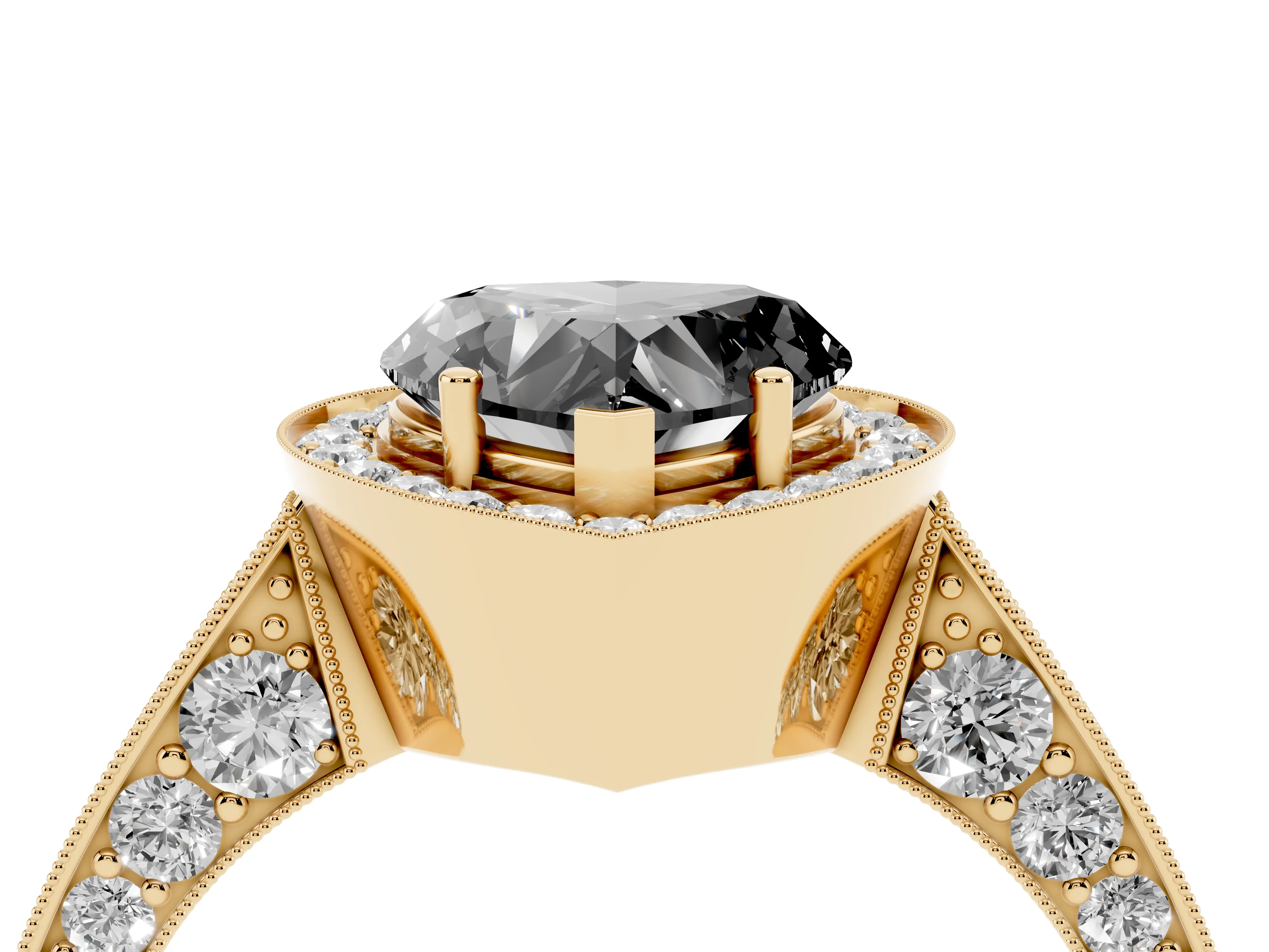 Fancy Black Heart Cut Diamond Halo Engagement Ring Set in Yellow gold with Accent Split Shank Band