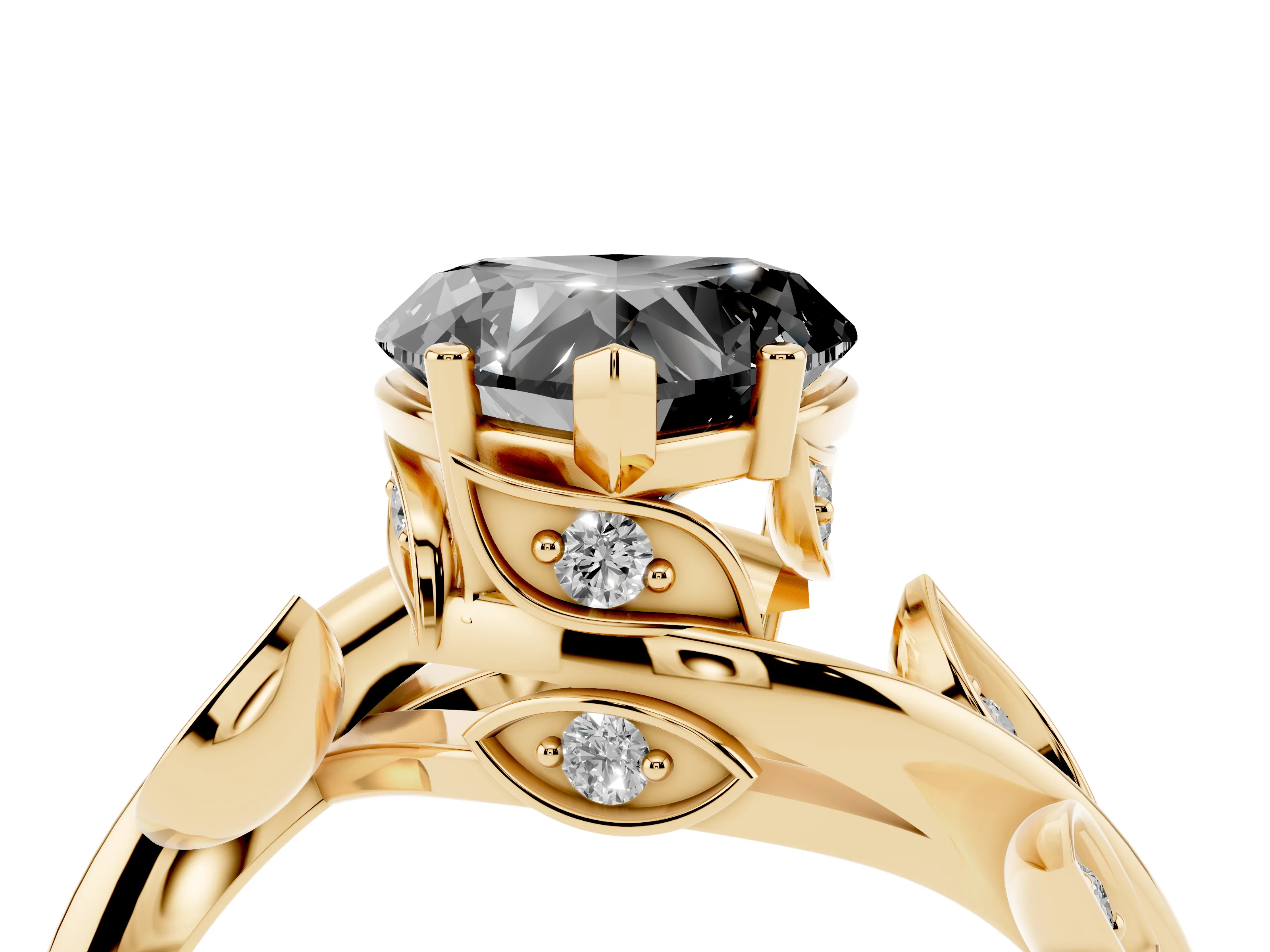 Fancy Black Heart Cut Diamond Solitaire Twist Engagement Ring Set in Yellow gold with Pavé Leaf Accents