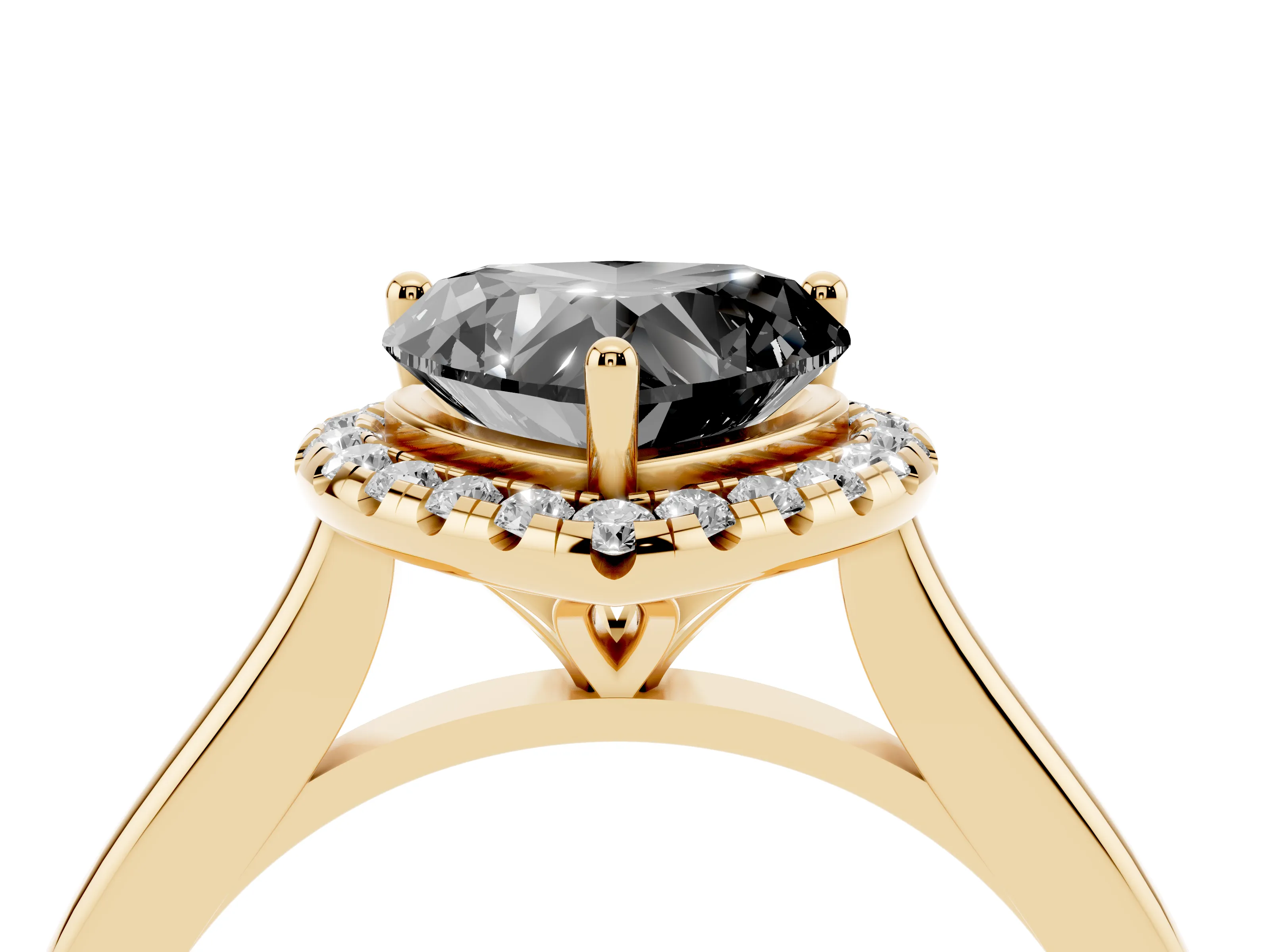Fancy Black Heart Cut Diamond Halo Engagement Ring Set in Yellow gold with Pavé Band and Rising Shoulders