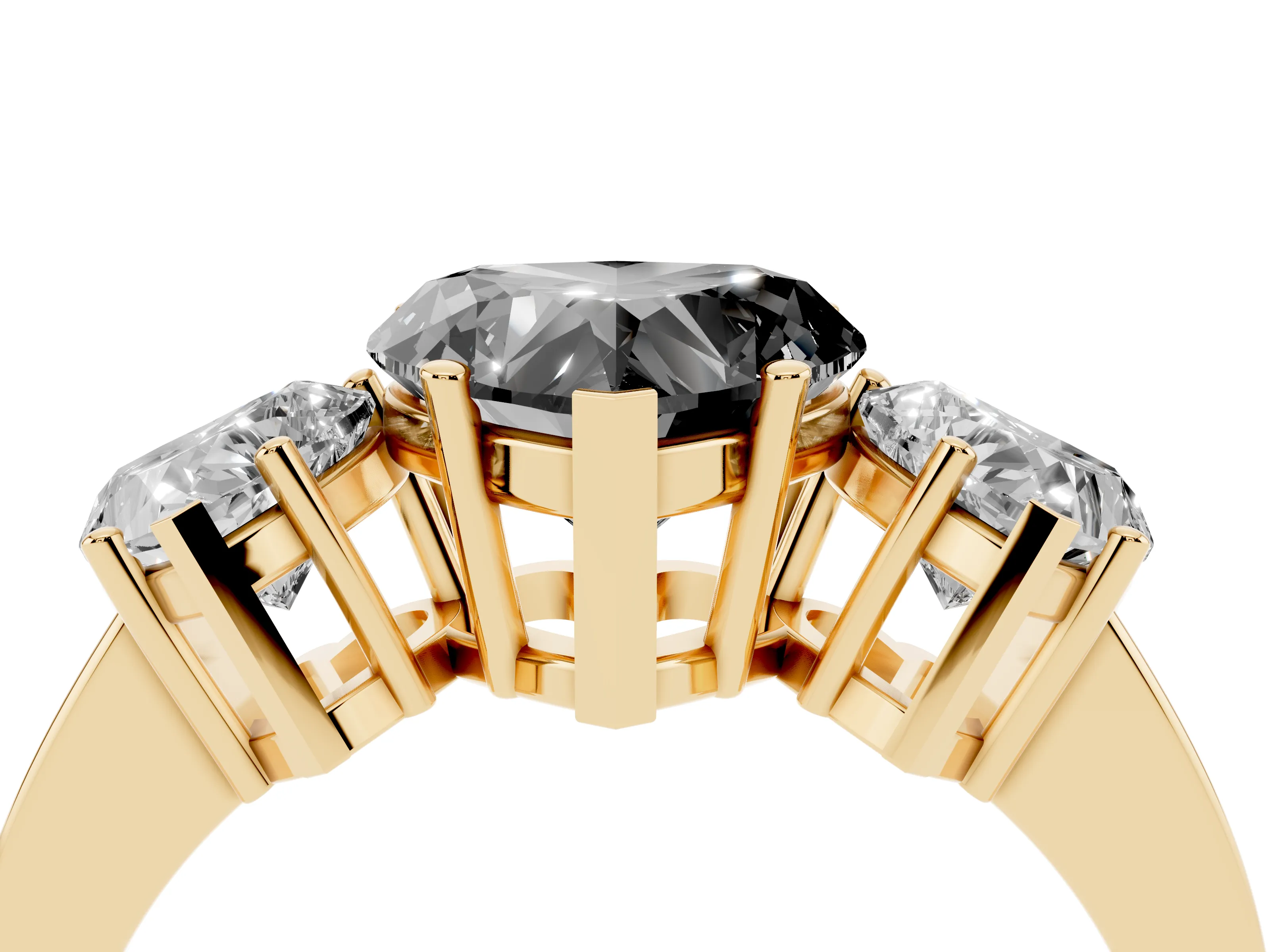 Fancy Black Heart Cut Diamond Three-Stone Engagement Ring Set in Yellow gold with Flat Band