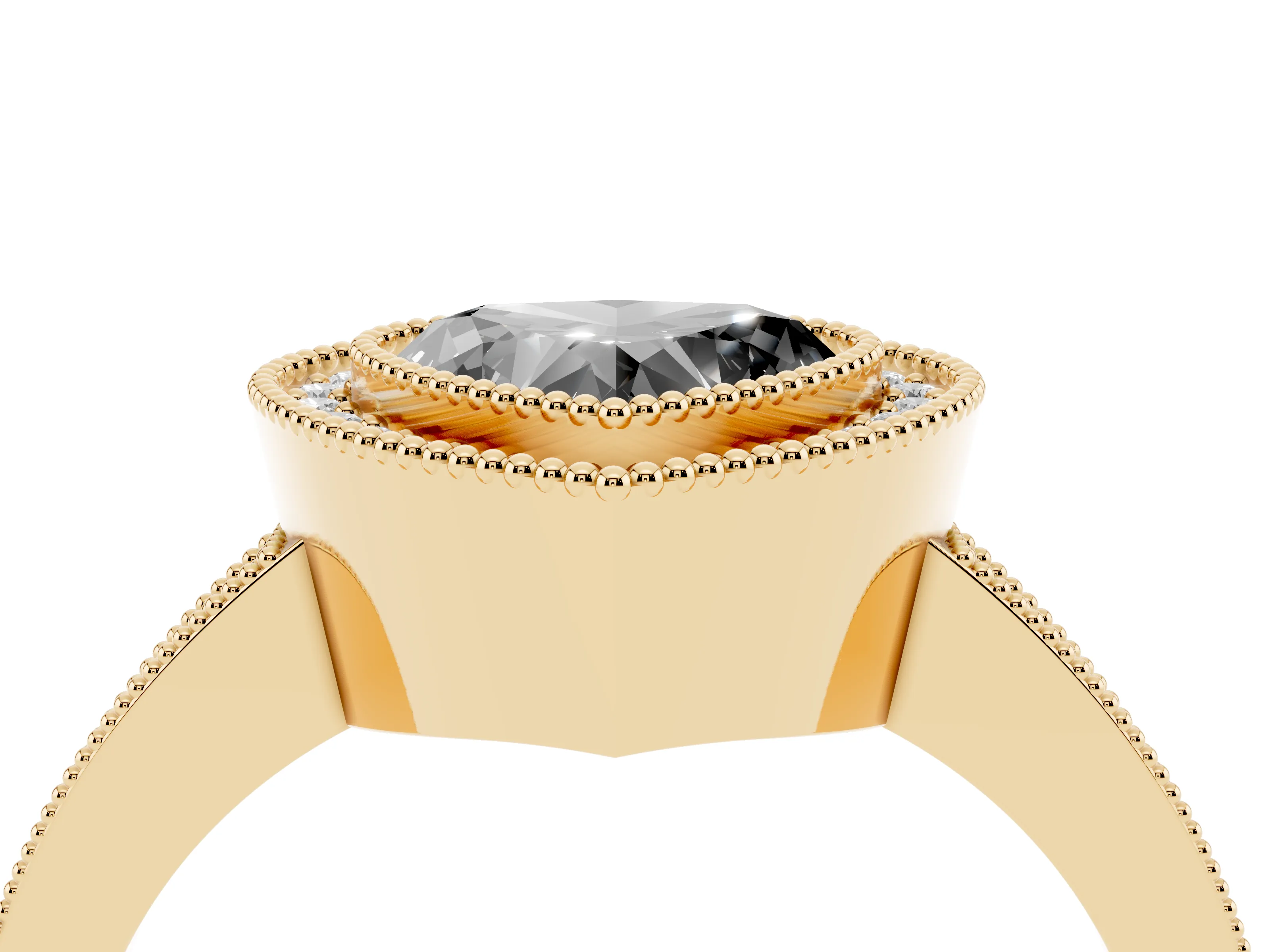 Fancy Black Heart Cut Diamond Halo Engagement Ring Set in Yellow gold with Pavé Band and Round Halo Stones