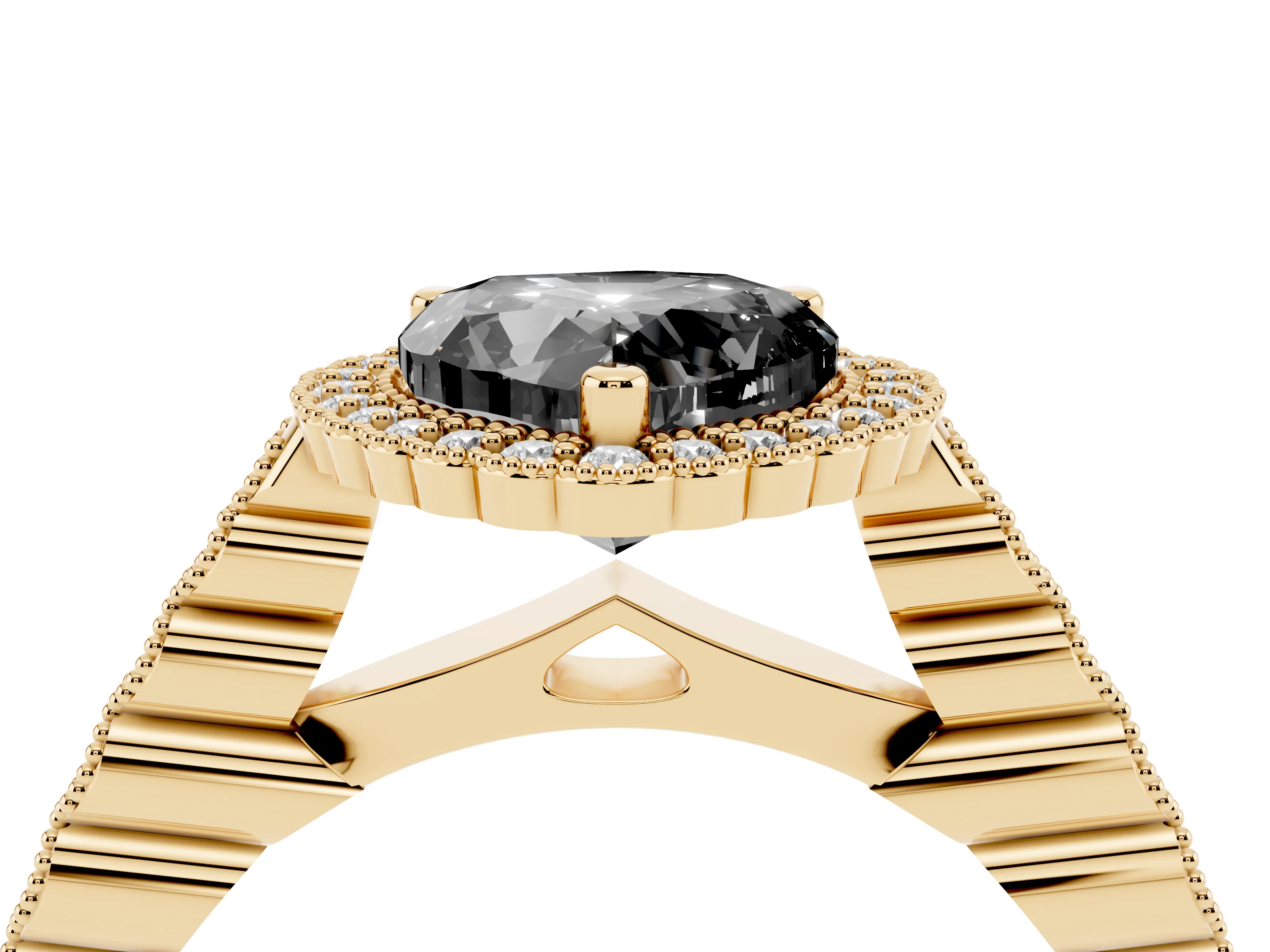 Fancy Black Heart Cut Diamond Halo Ring Set in Yellow gold with Pavé Milgrain Band