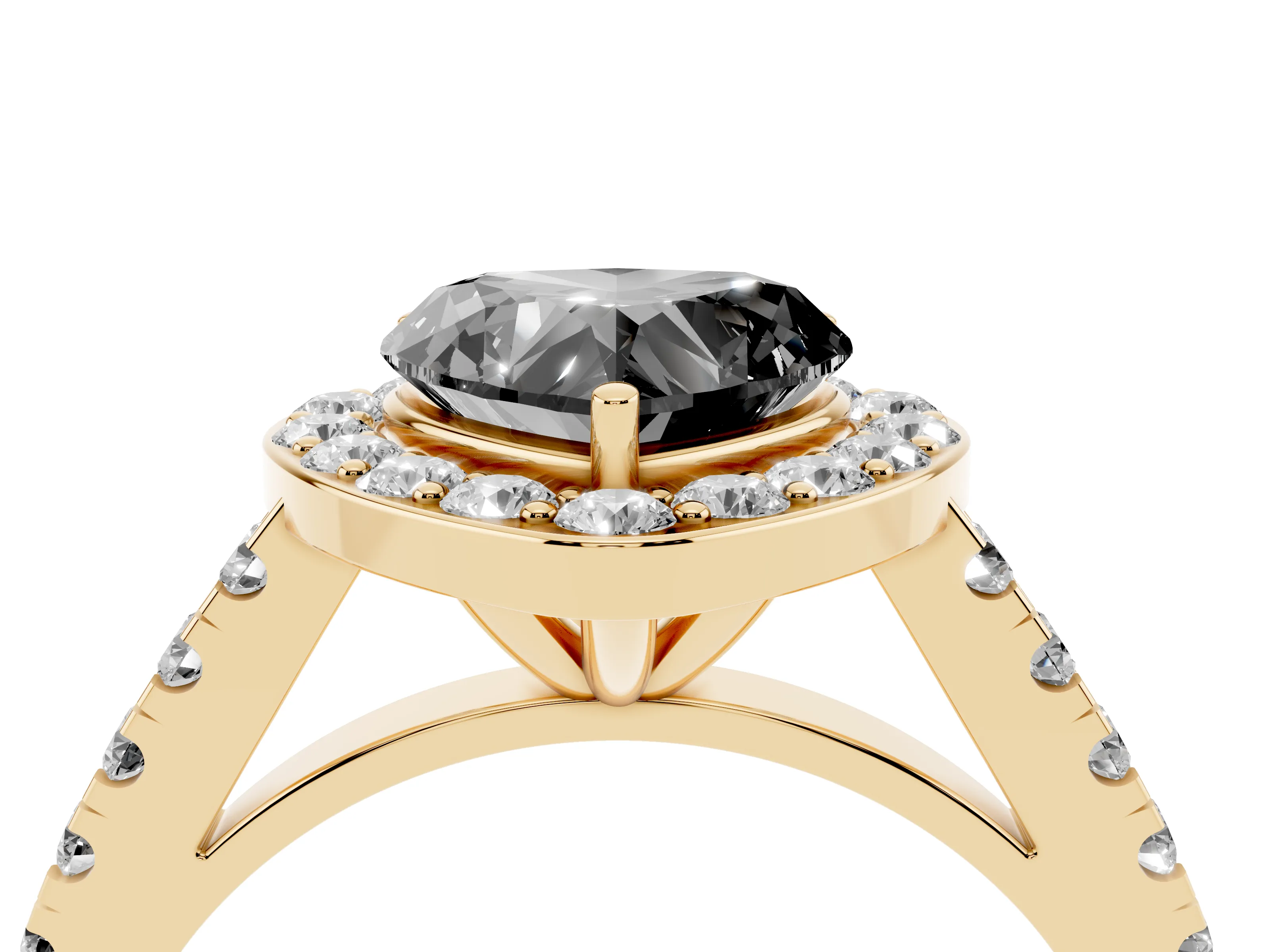 Fancy Black Heart Cut Diamond Halo Ring Set in Yellow gold with Round Pavé Split Shank and Prong Setting