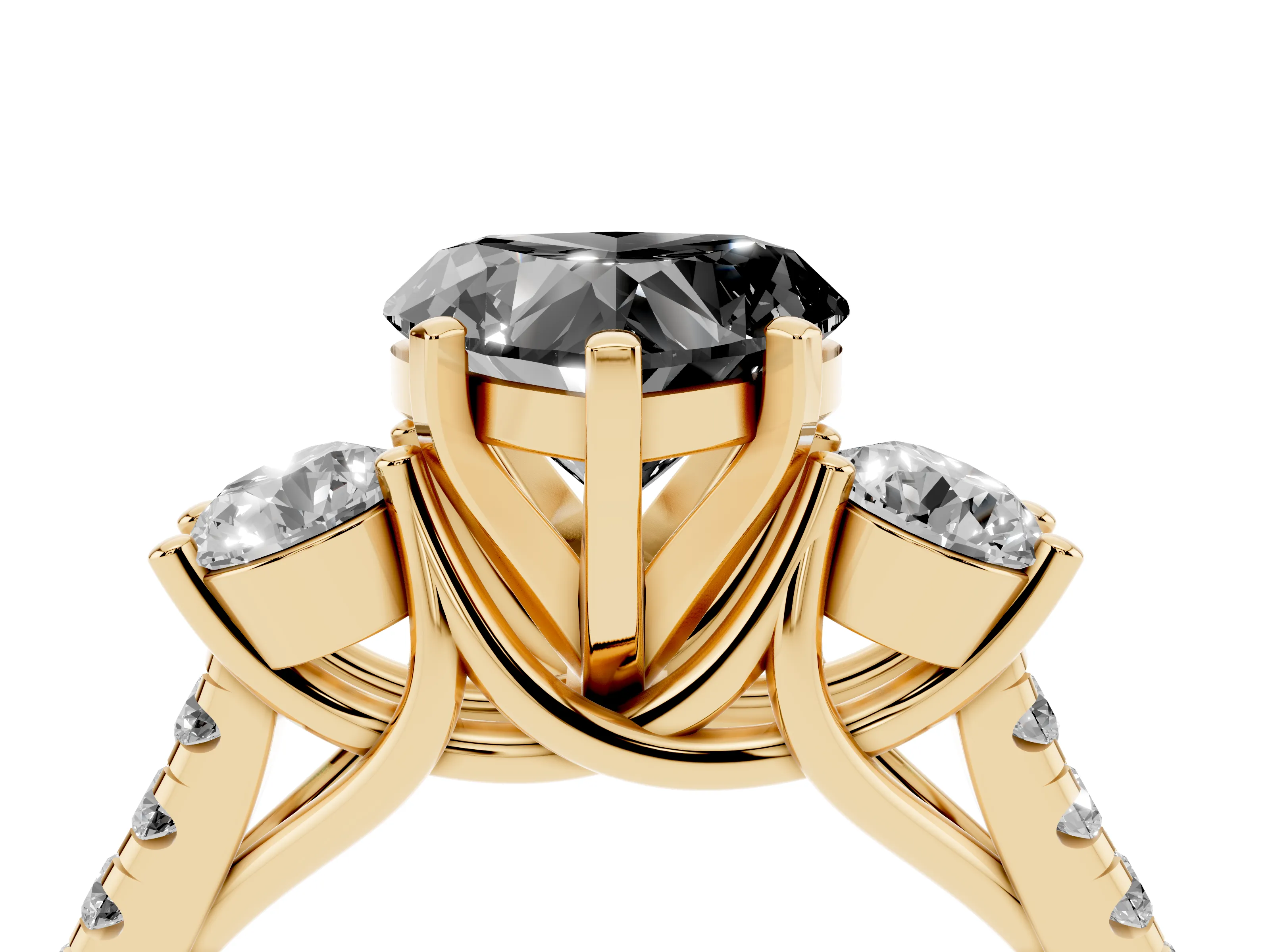 Fancy Black Three-Stone Heart Cut Diamond Pavé Band Ring Set in Yellow gold with Prong-Set Trio