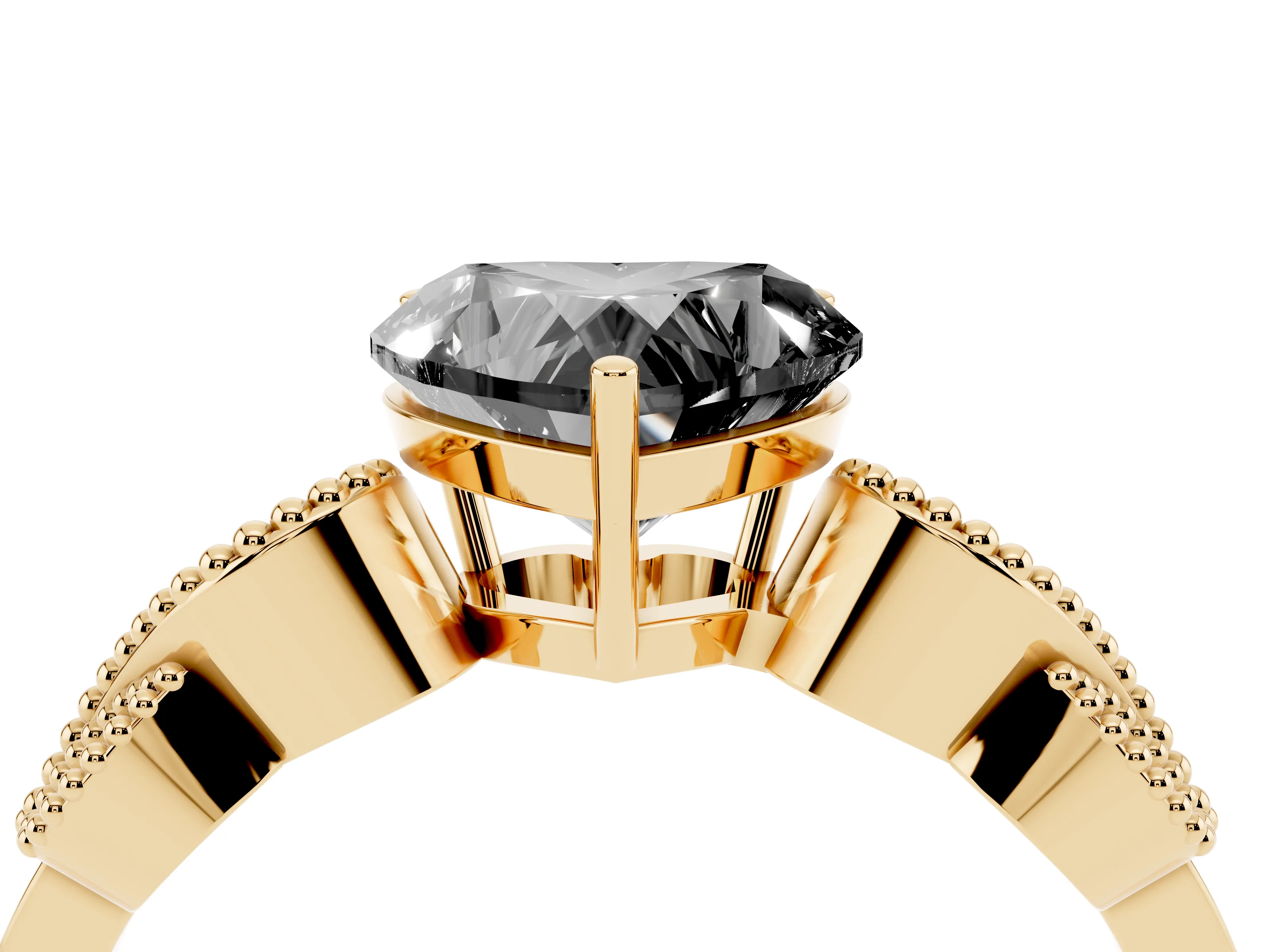 Fancy Black Heart Cut Diamond Milgrain Leaf Band Solitaire Ring Set in Yellow gold with Accent Stones and Prong Setting