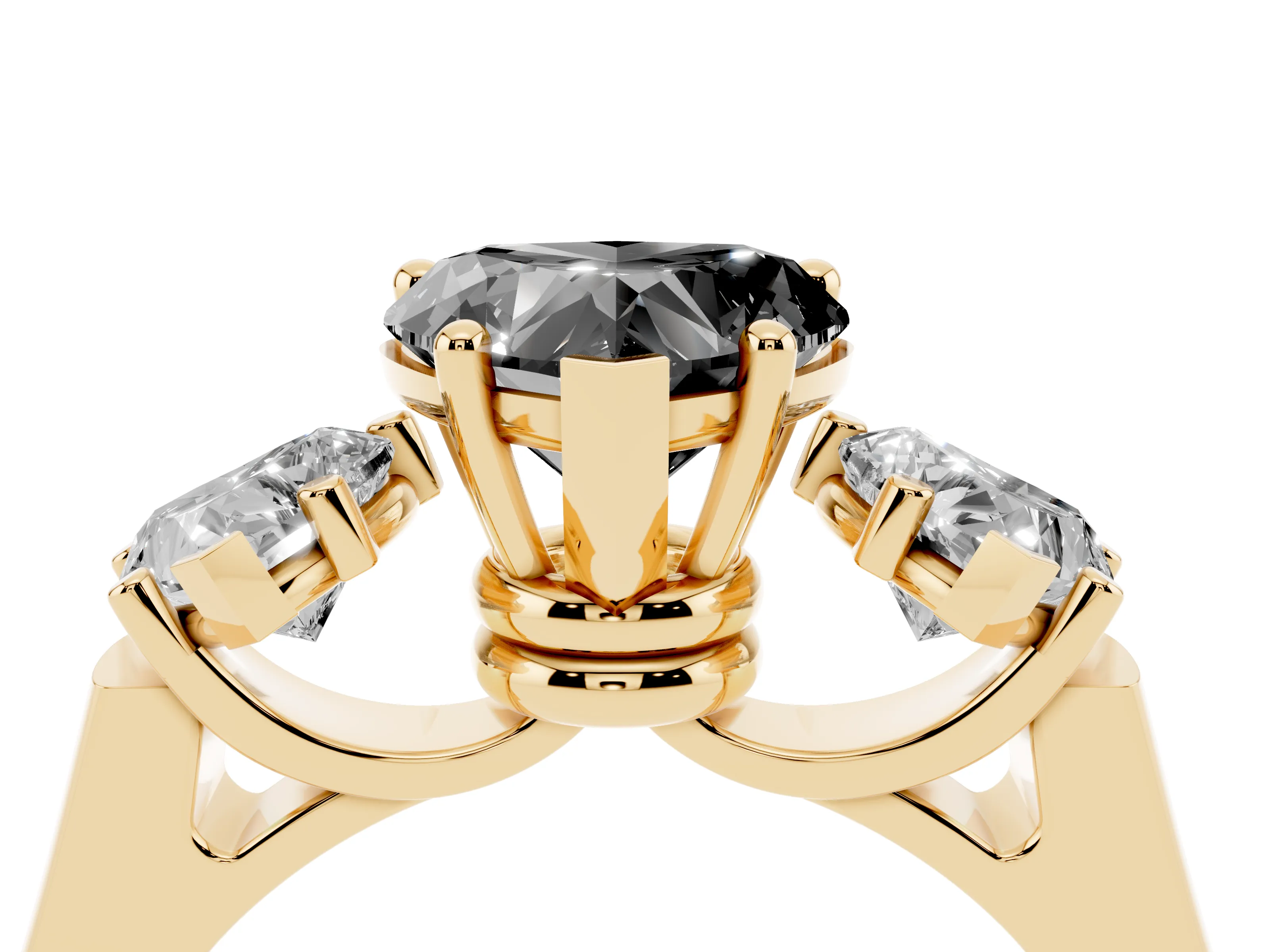Fancy Black Heart Cut Diamond Three-Stone Trellis Ring Set in Yellow gold with Comfort Fit Band