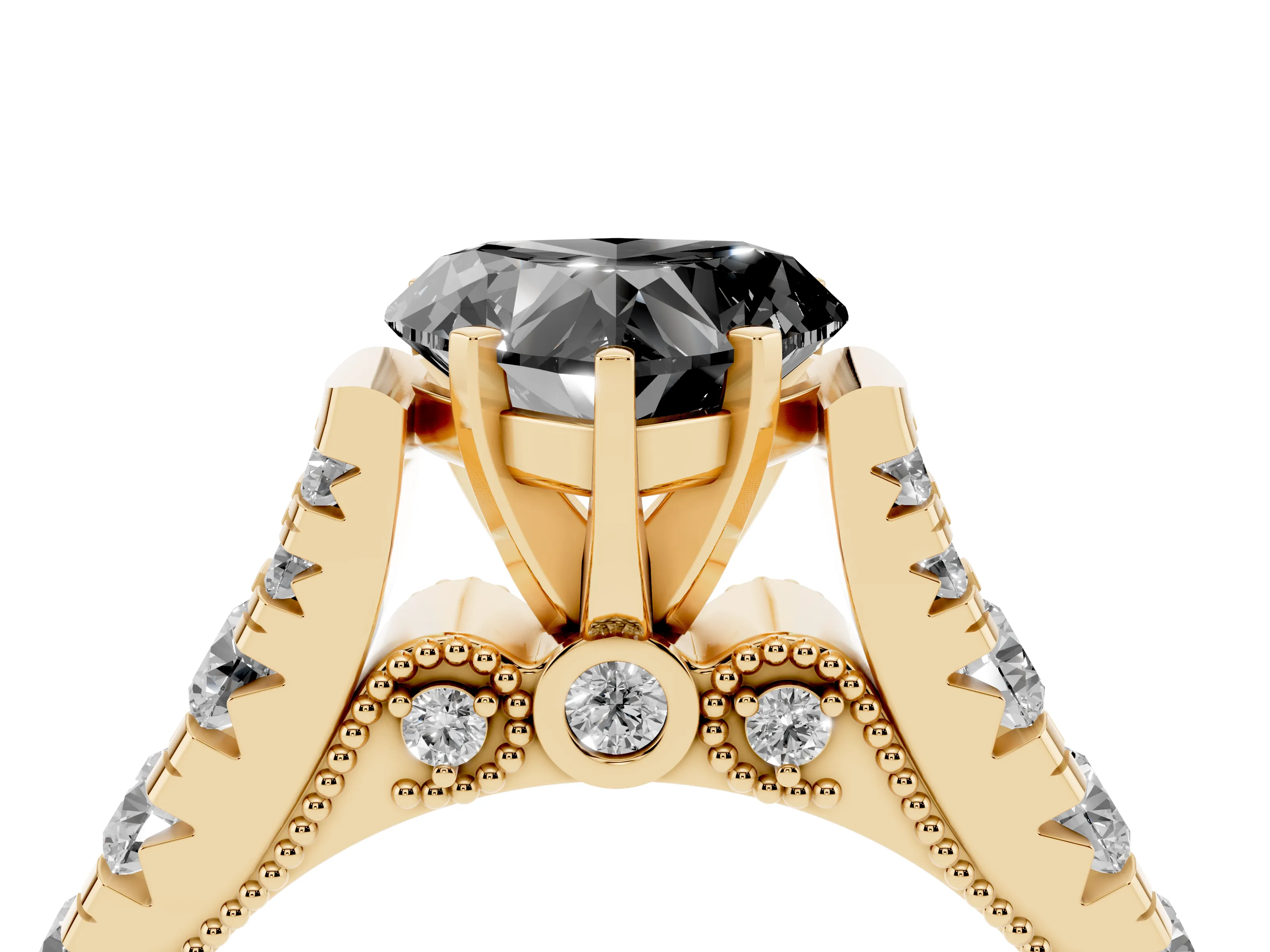 Fancy Black Heart Cut Diamond Classic Solitaire Ring Set in Yellow gold with Pavé Band and Prong Setting