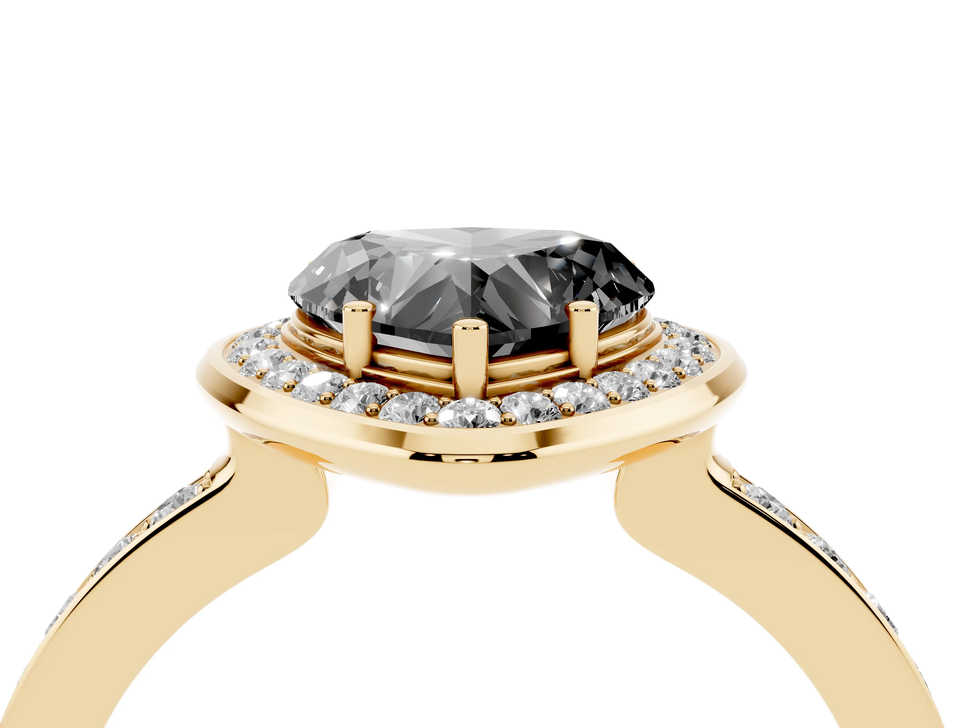 Fancy Black Heart Cut Diamond Halo Ring Set in Yellow gold with Bezel Frame and Pavé Band