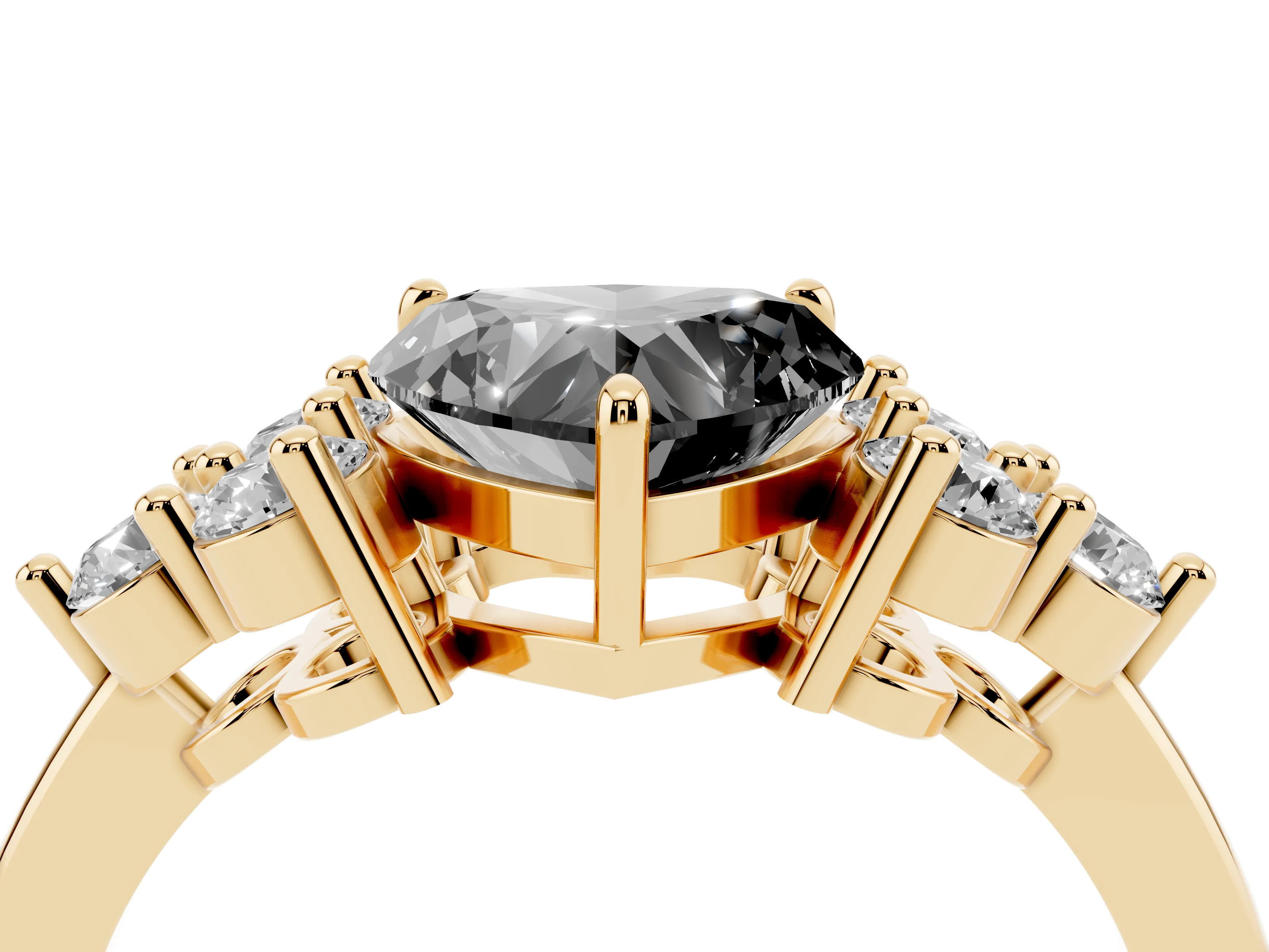 Fancy Black Heart Cut Diamond Solitaire Ring Set in Yellow gold with Cluster Accents on Each Side