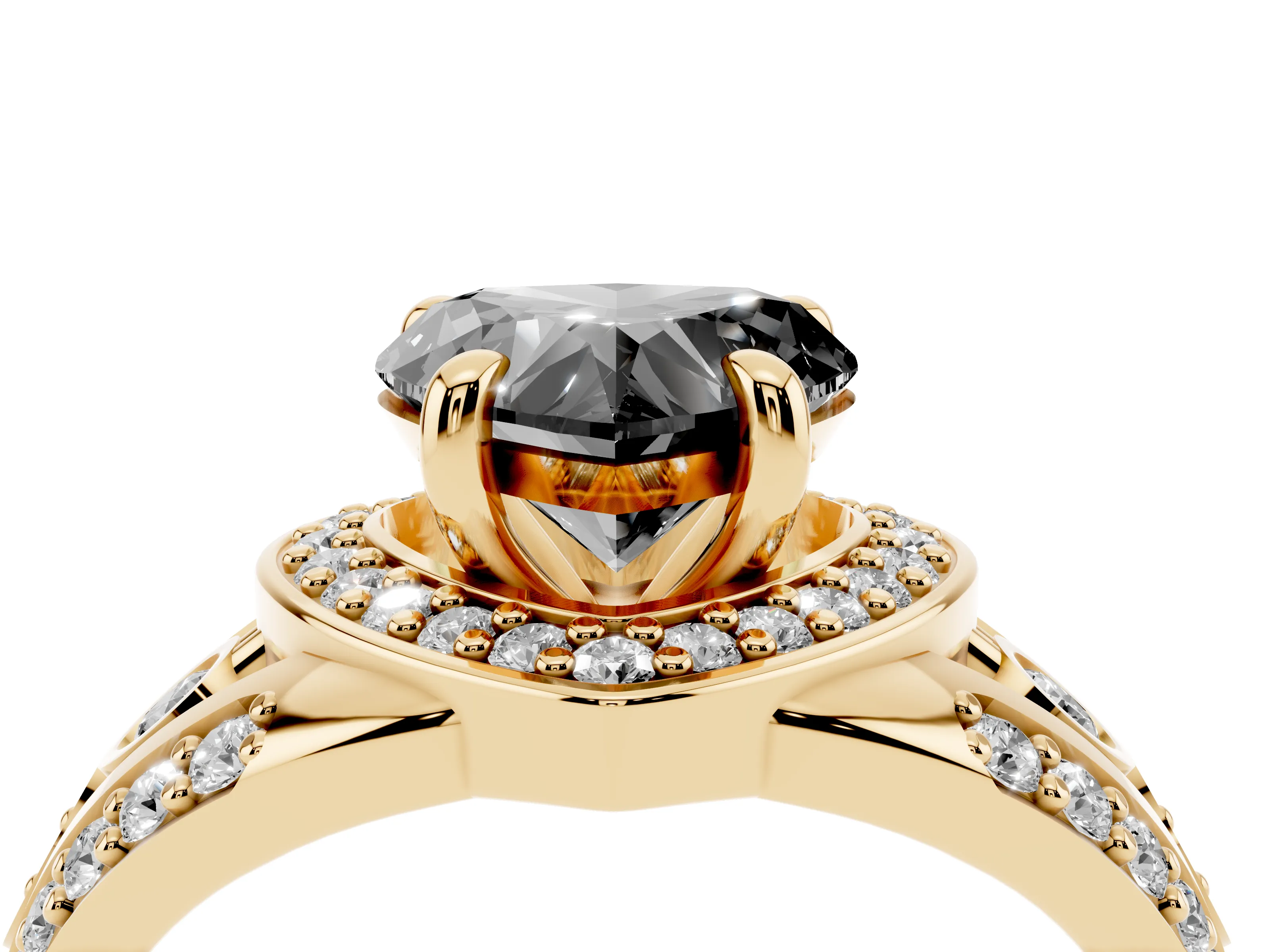 Fancy Black Heart Cut Diamond Halo Ring Set in Yellow gold with Pavé Split Shank and Bezel Accents