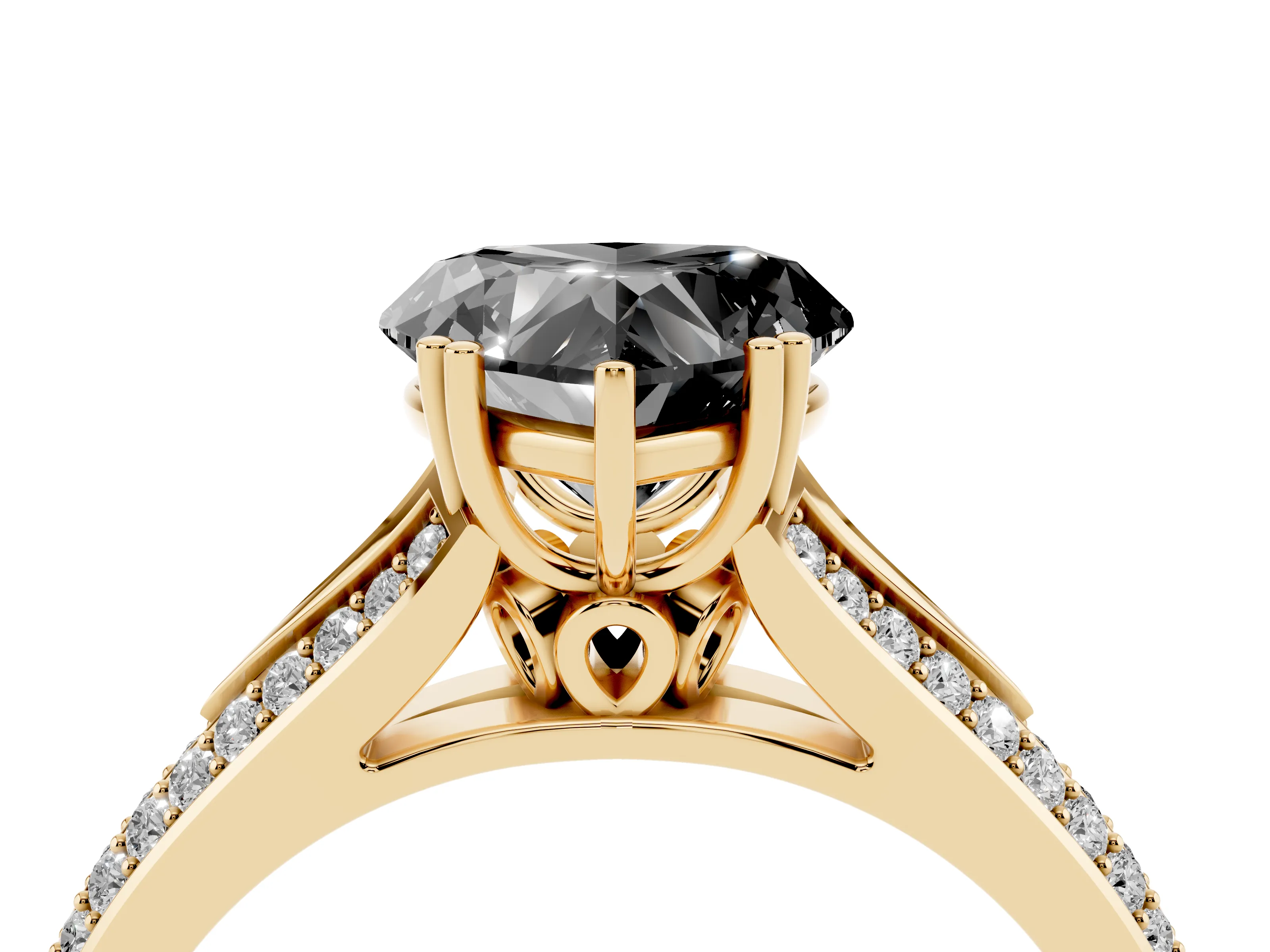 Fancy Black Heart Cut Diamond Split Shank Pavé Engagement Ring Set in Yellow gold with Prong-Set Center Stone