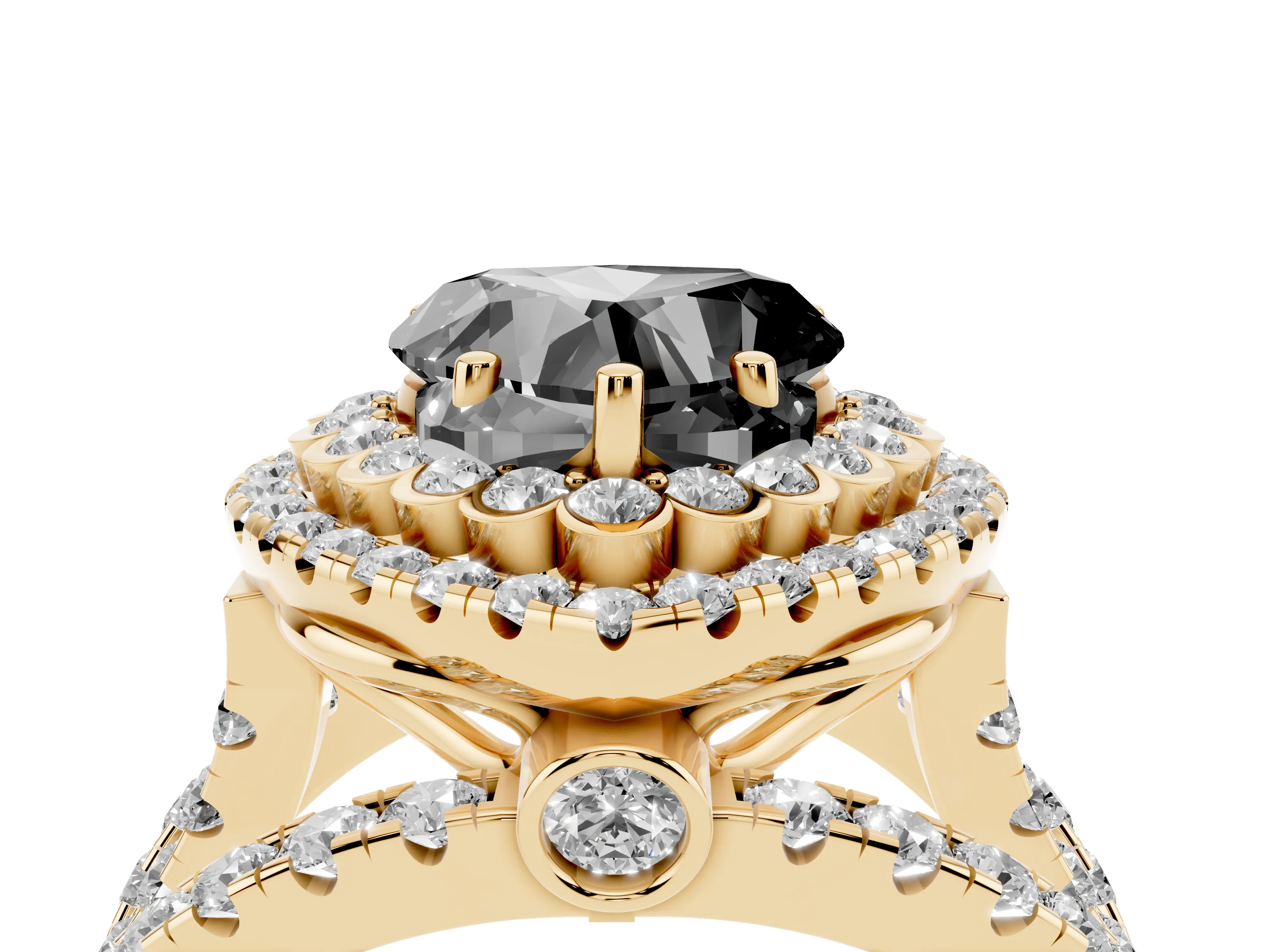 Fancy Black Heart Cut Diamond Double Halo Ring Set in Yellow gold with Round Pavé Split Shank