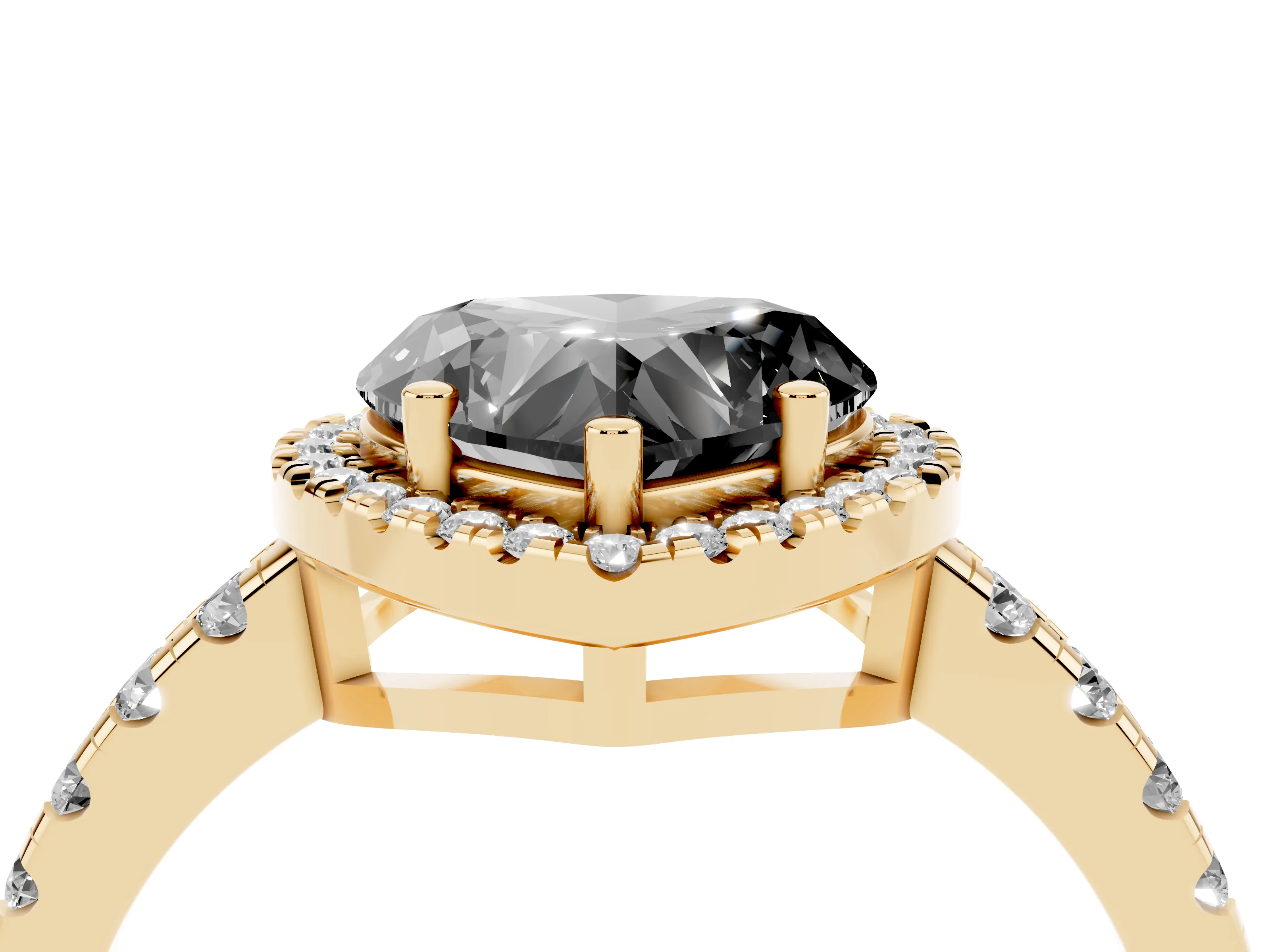 Fancy Black Heart Cut Diamond Halo Ring Set in Yellow gold with Delicate Pavé Band and Prong Setting