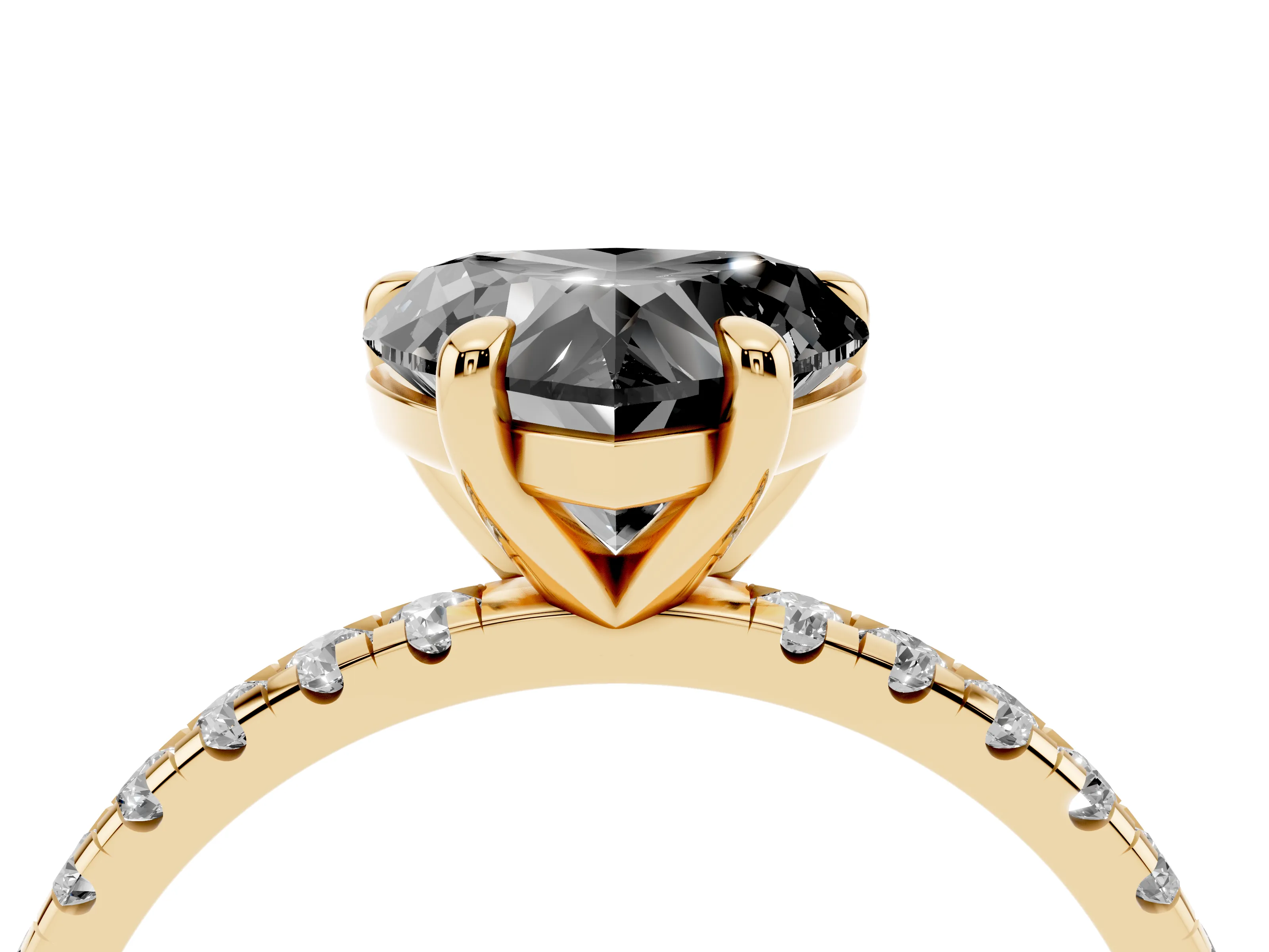 Fancy Black Heart Cut Diamond Brilliant Solitaire Ring Set in Yellow gold with Pavé Band and Prong Setting