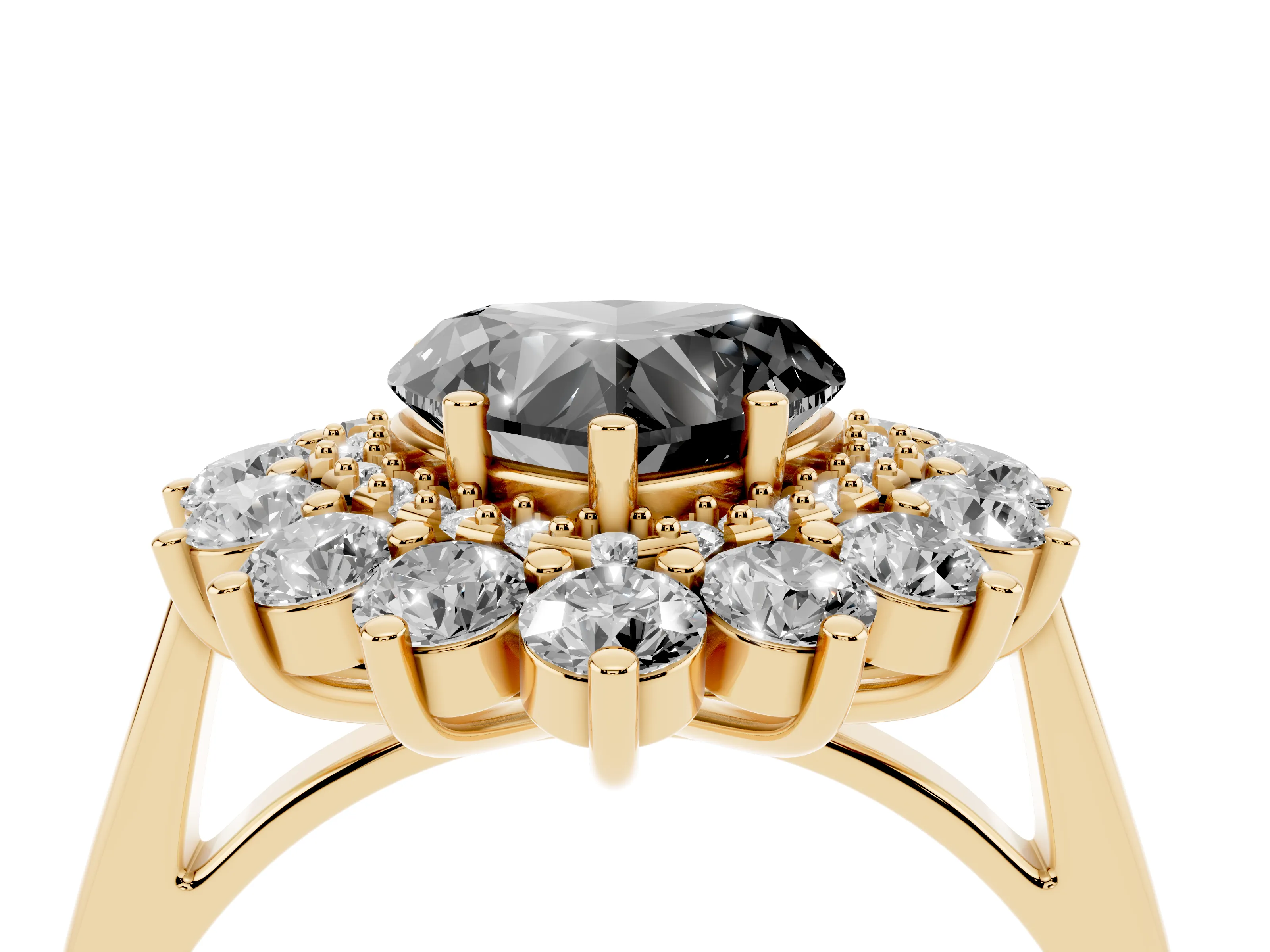 Fancy Black Heart Cut Diamond Floral Double Halo Ring Set in Yellow gold with Round Petals