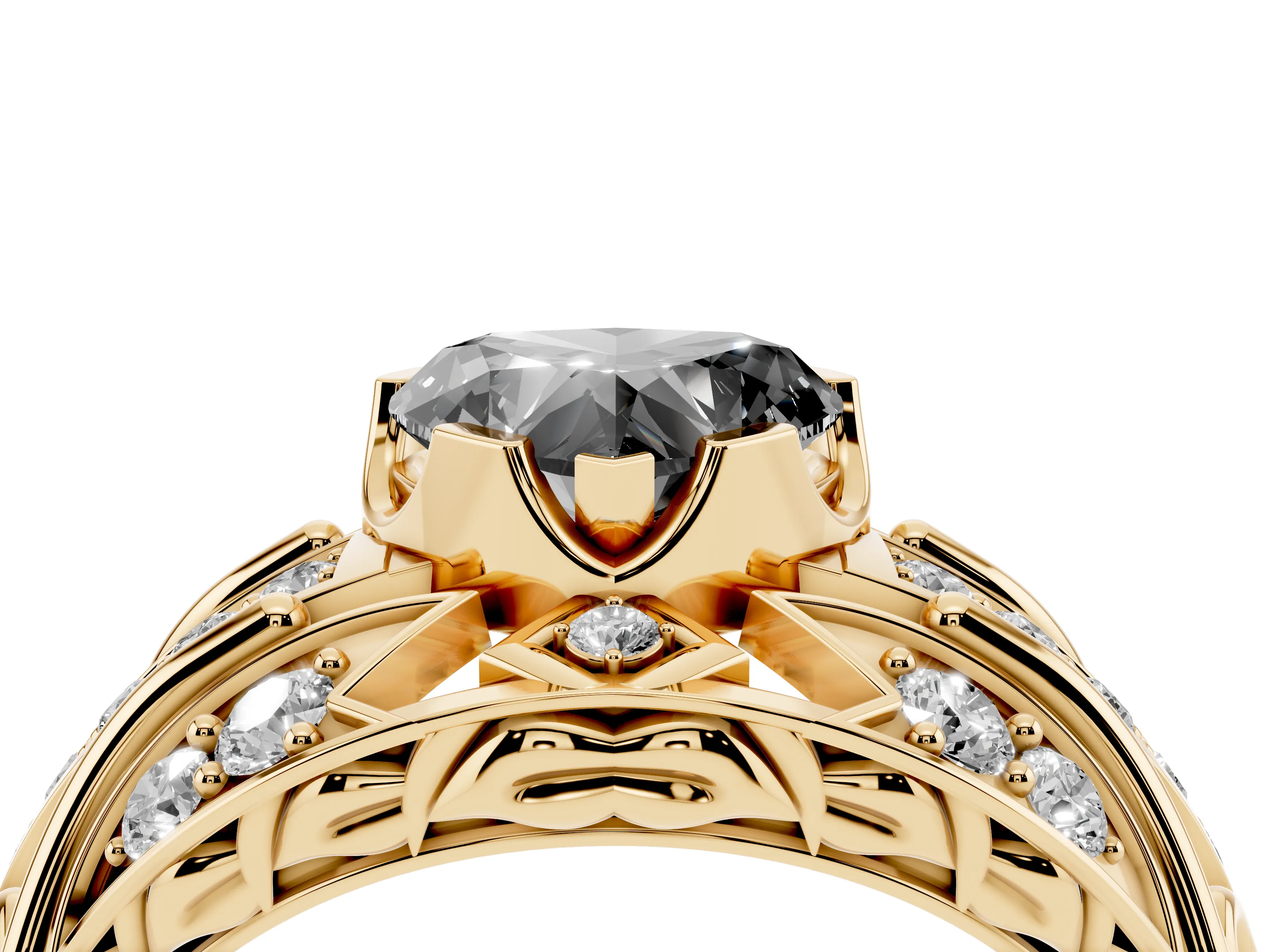 Fancy Black Heart Cut Diamond Art Deco Ring Set in Yellow gold with Pavé Split Shank