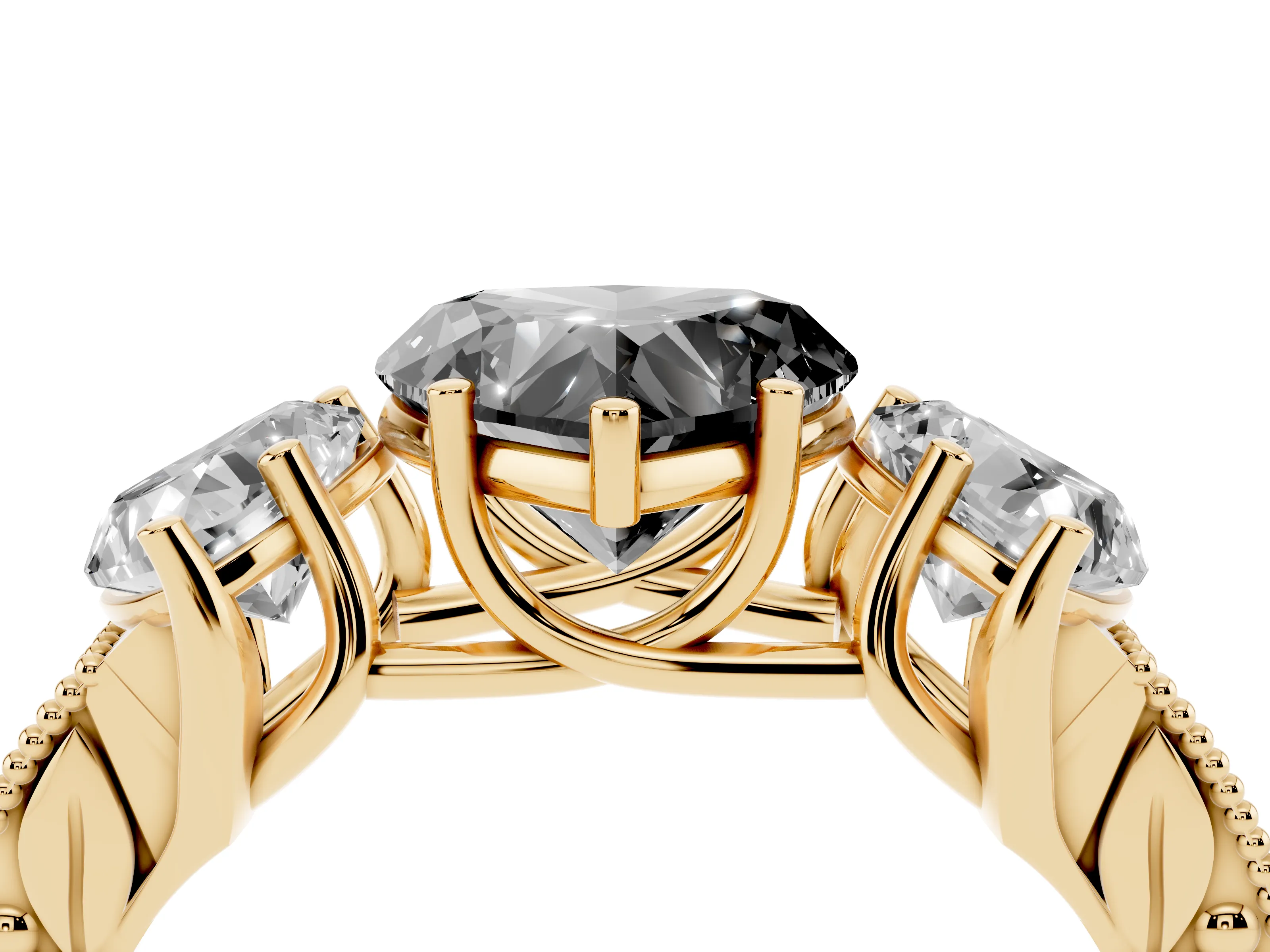 Fancy Black Heart Cut Diamond Three-Stone Engagement Ring Set in Yellow gold with Milgrain Pavé Band