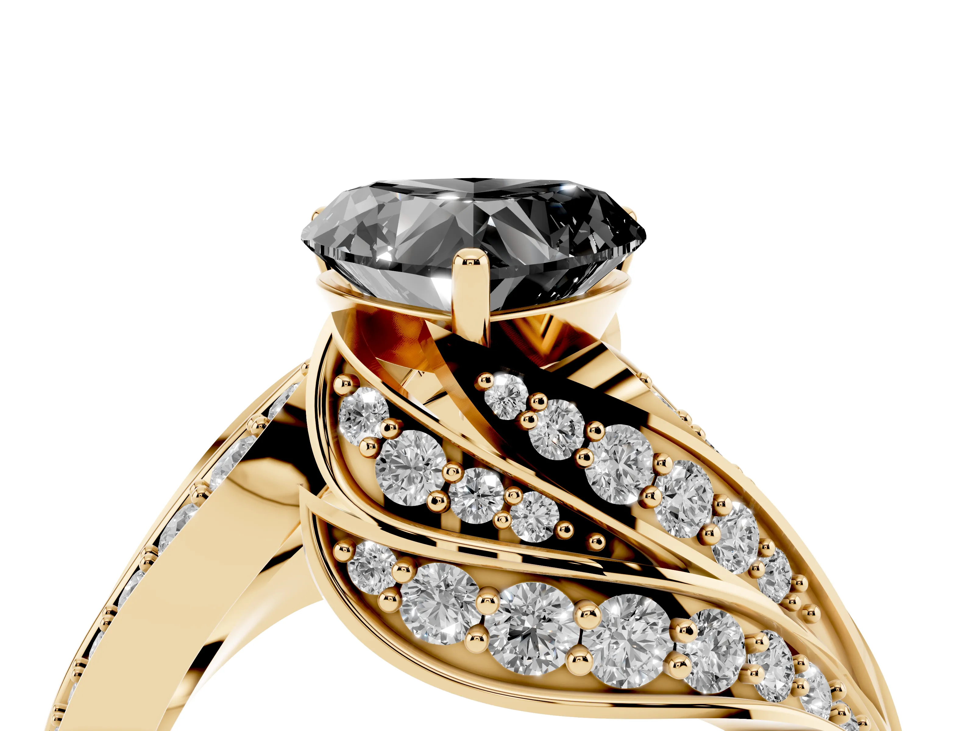 Fancy Black Heart Cut Diamond Solitaire Ring Set in Yellow gold with Layered Twist Pavé Band