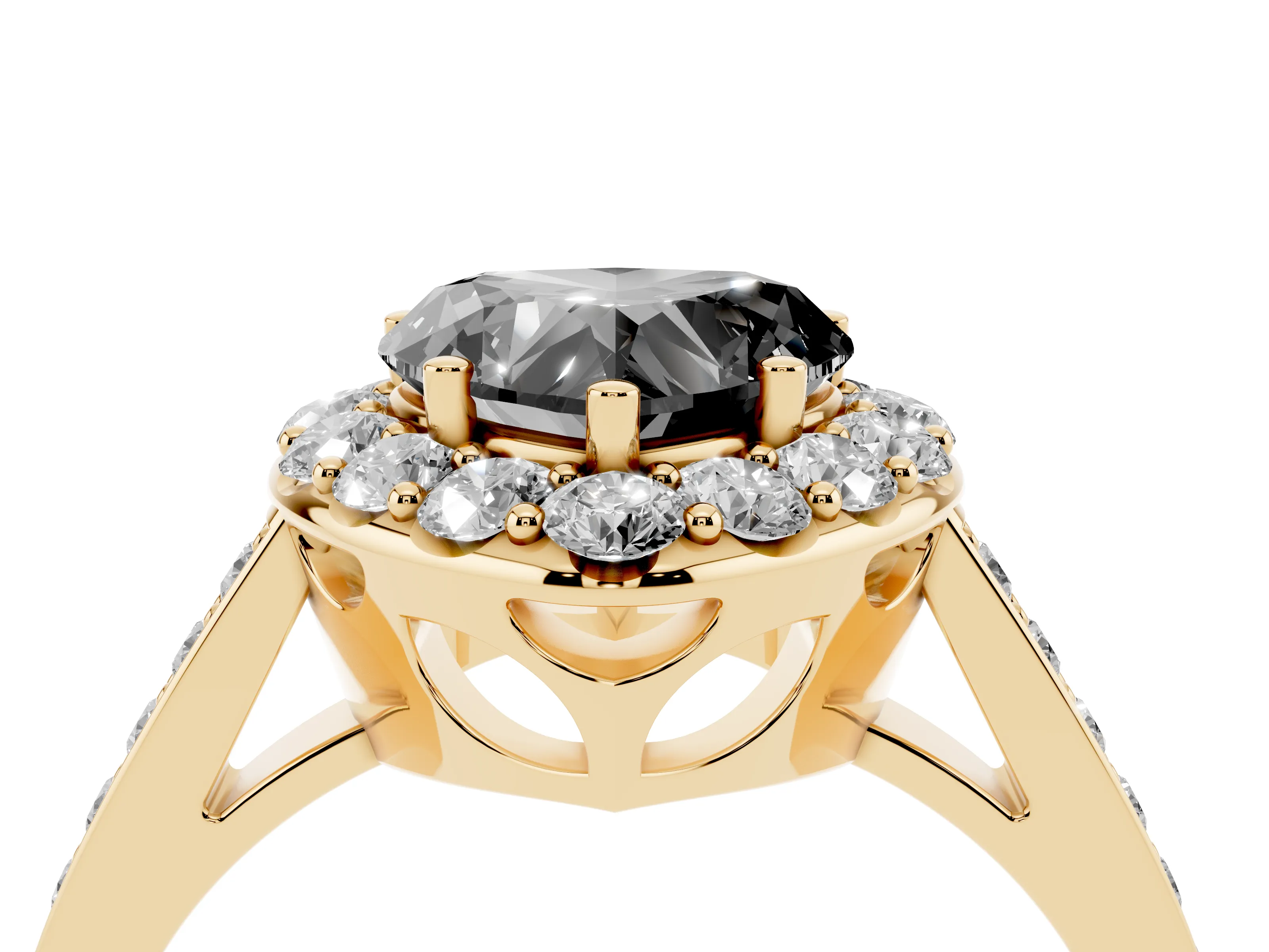 Fancy Black Heart Cut Diamond Floral Halo Ring Set in Yellow gold with Pavé Band and Prong Setting