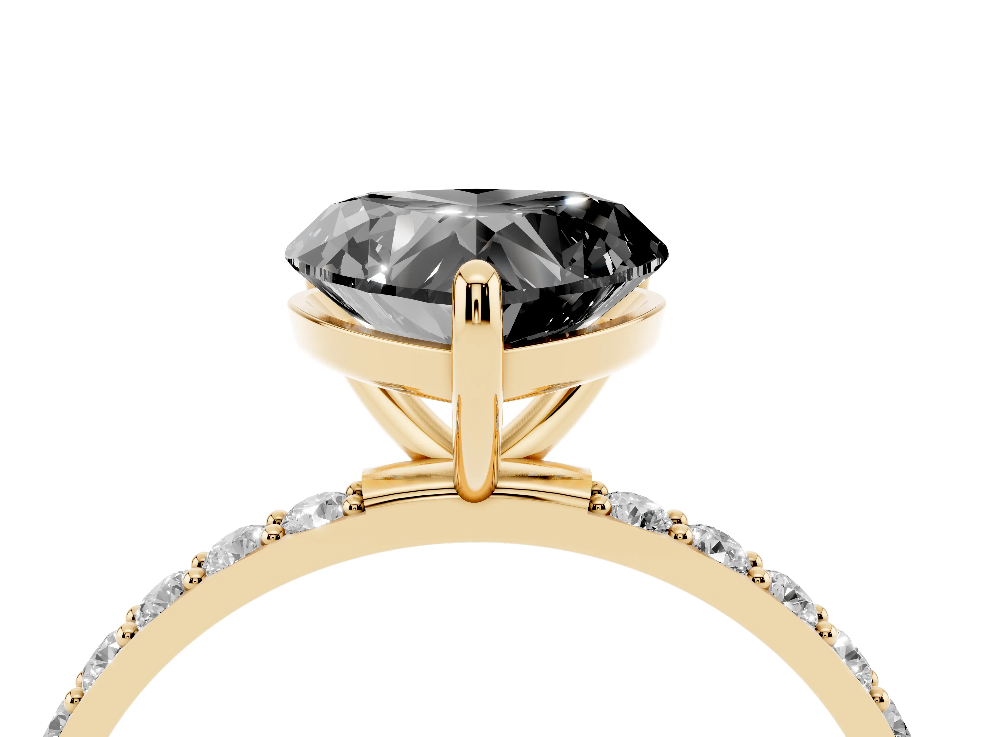 Fancy Black Heart Cut Diamond Solitaire Ring Set in Yellow gold with Round Pavé Band and Prong Setting