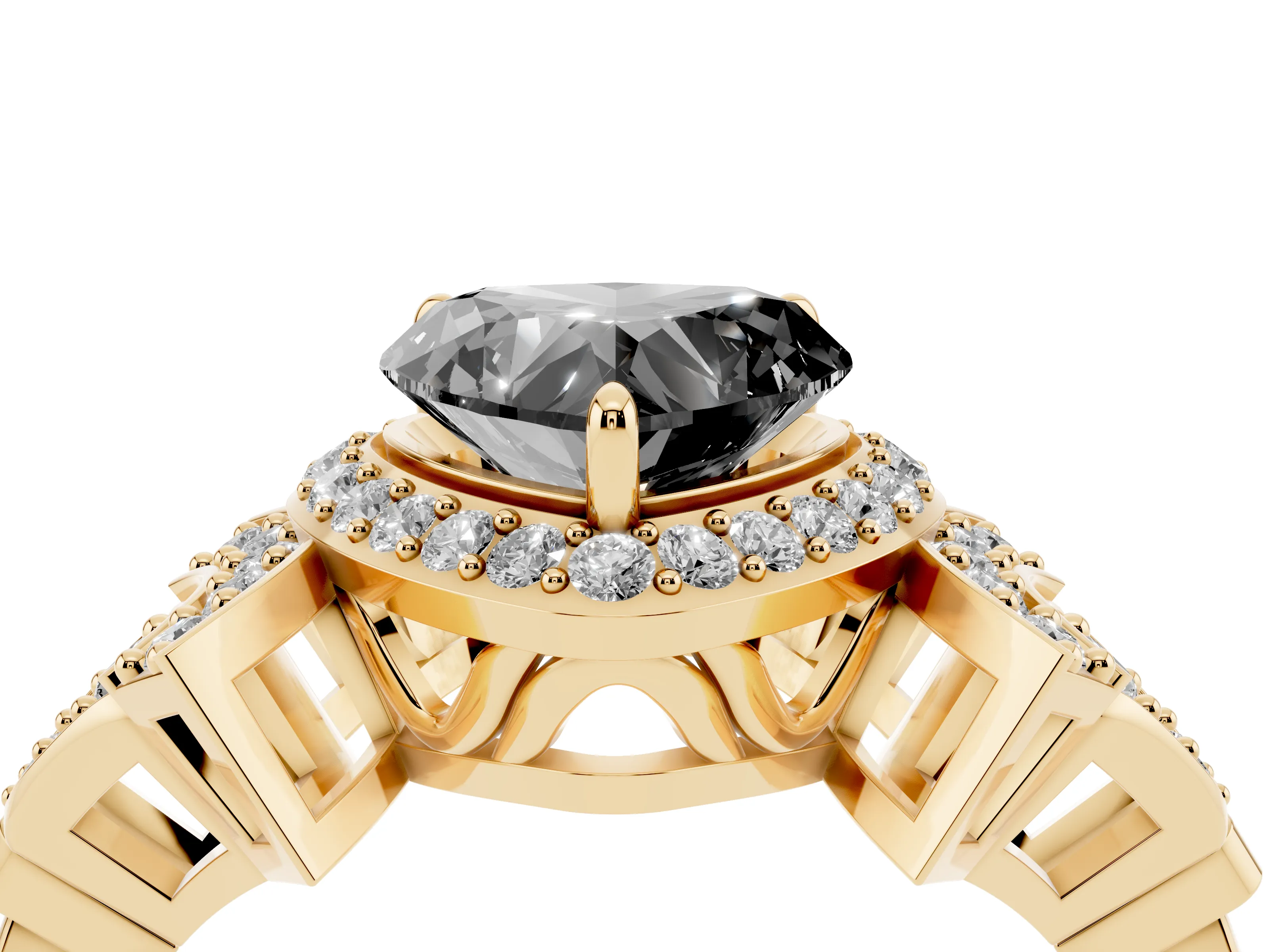 Fancy Black Heart Cut Diamond Halo Engagement Ring Set in Yellow gold with Accent Stone Split Shank