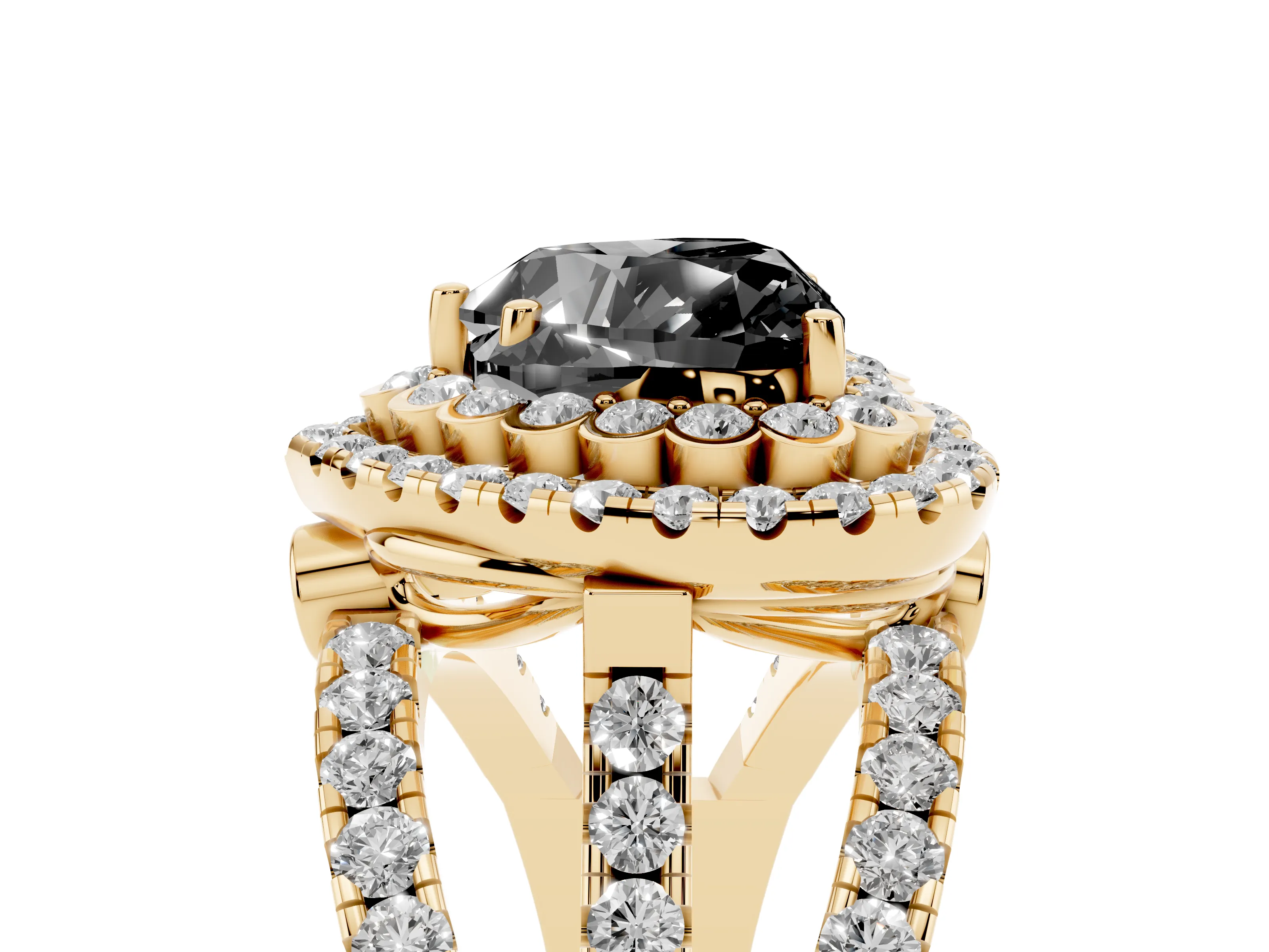 Fancy Black Heart Cut Diamond Double Halo Ring Set in Yellow gold with Round Pavé Split Shank