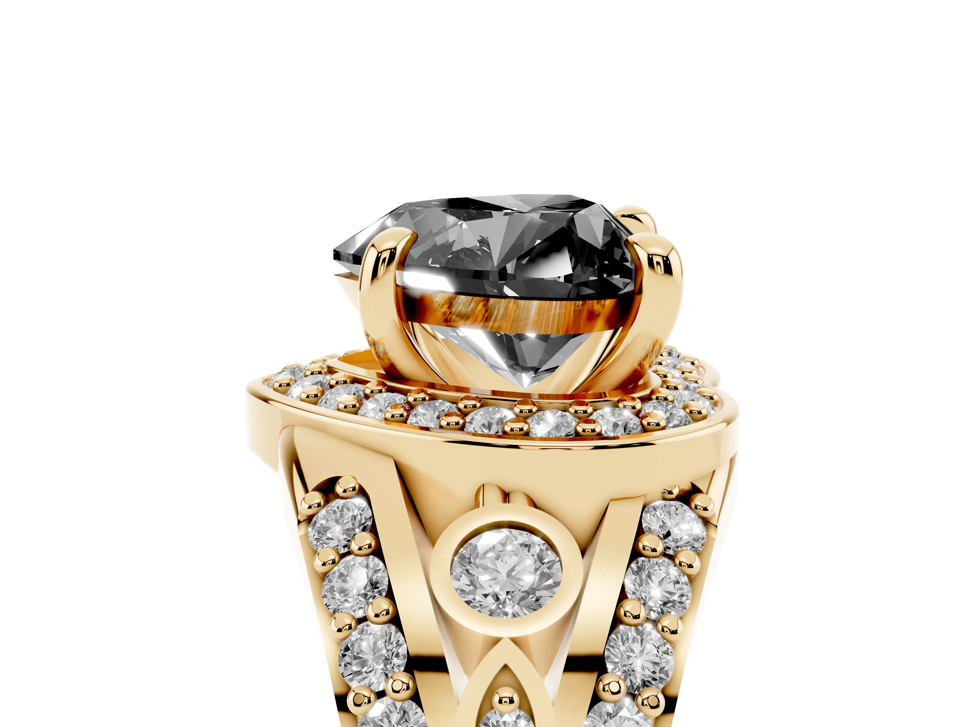 Fancy Black Heart Cut Diamond Halo Ring Set in Yellow gold with Pavé Split Shank and Bezel Accents
