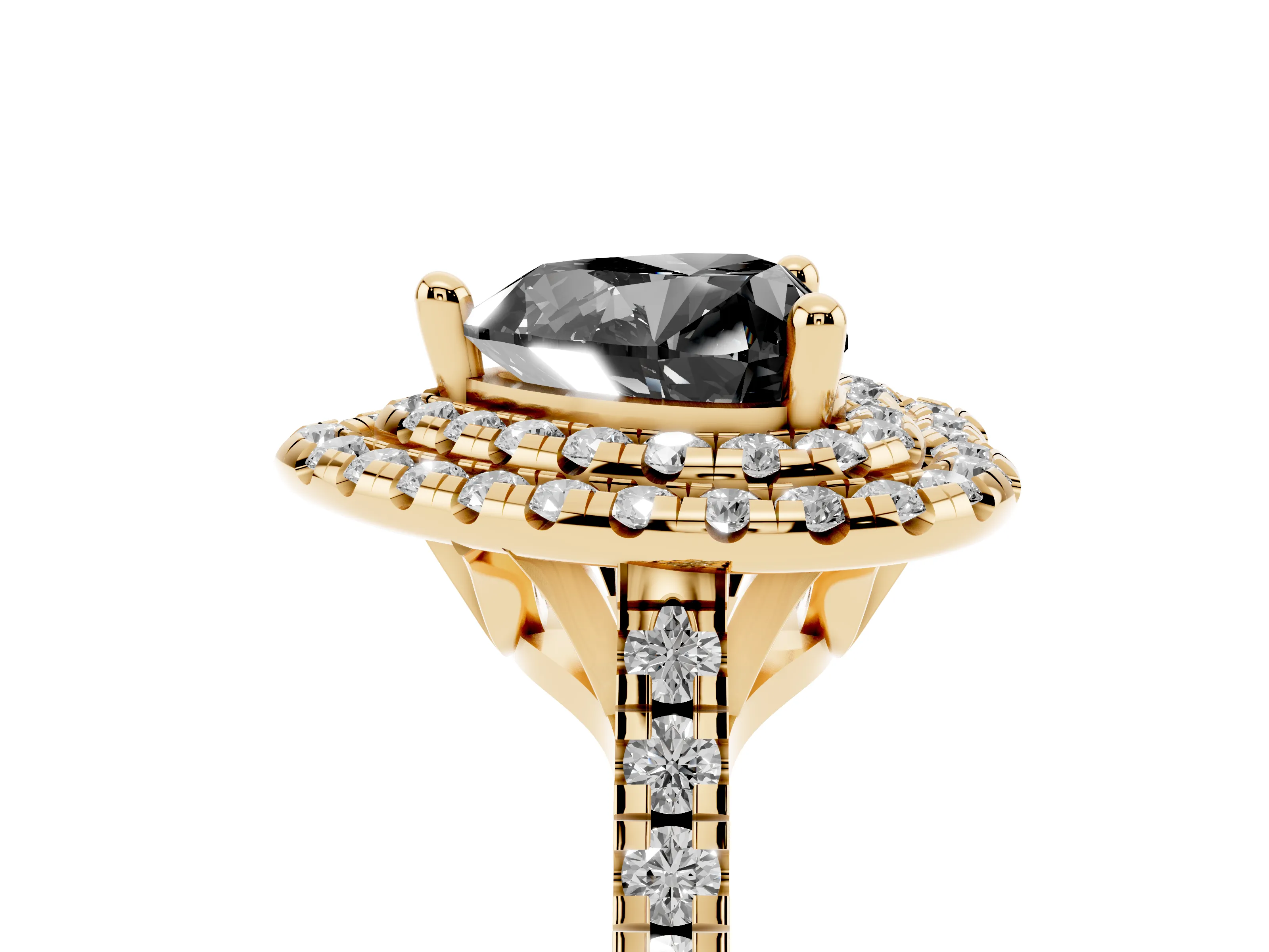 Fancy Black Heart Cut Diamond Double Halo Statement Ring Set in Yellow gold with Pavé Band