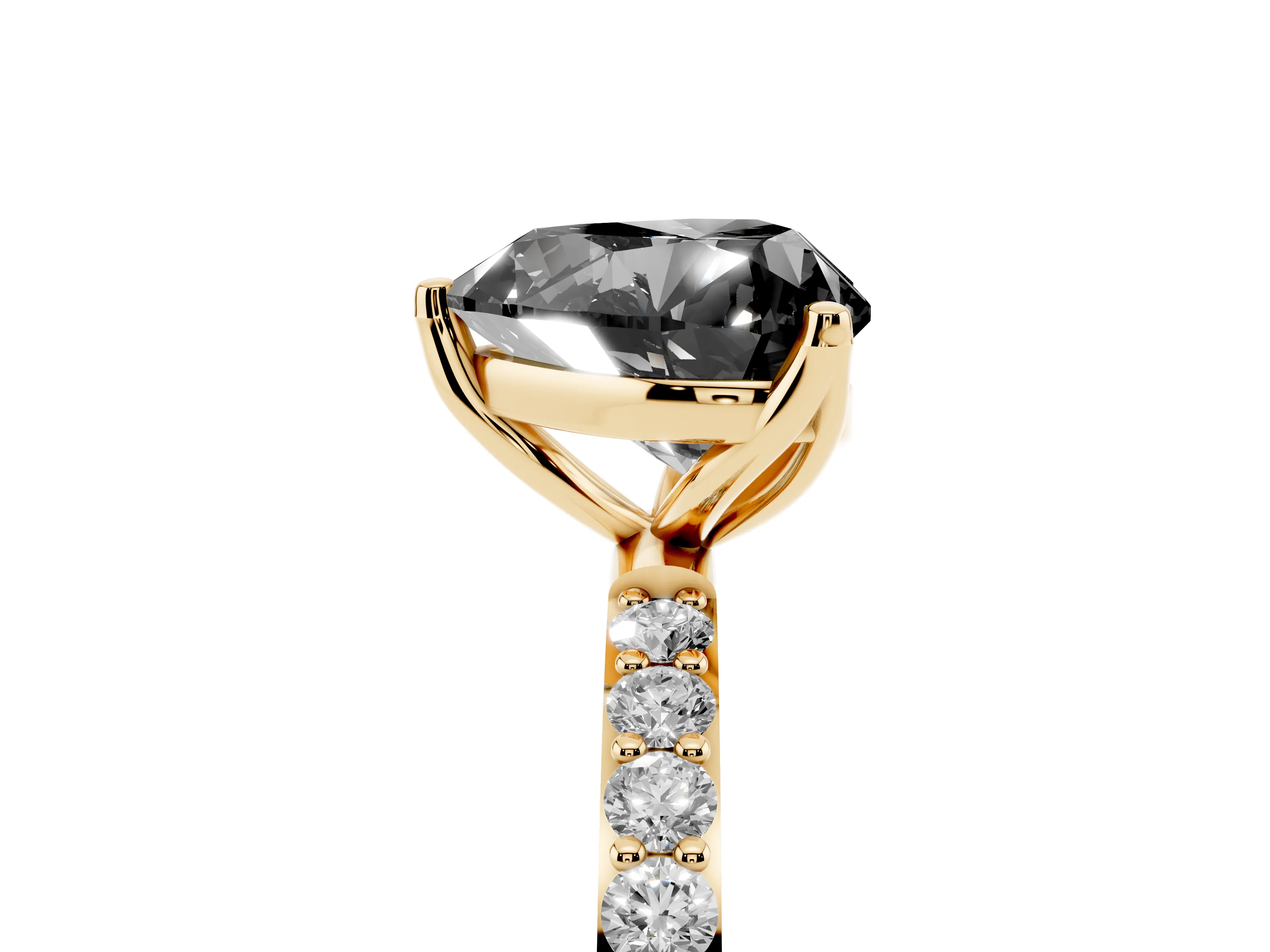 Fancy Black Heart Cut Diamond Solitaire Engagement Ring Set in Yellow gold with Round Pavé Band and Prong Setting