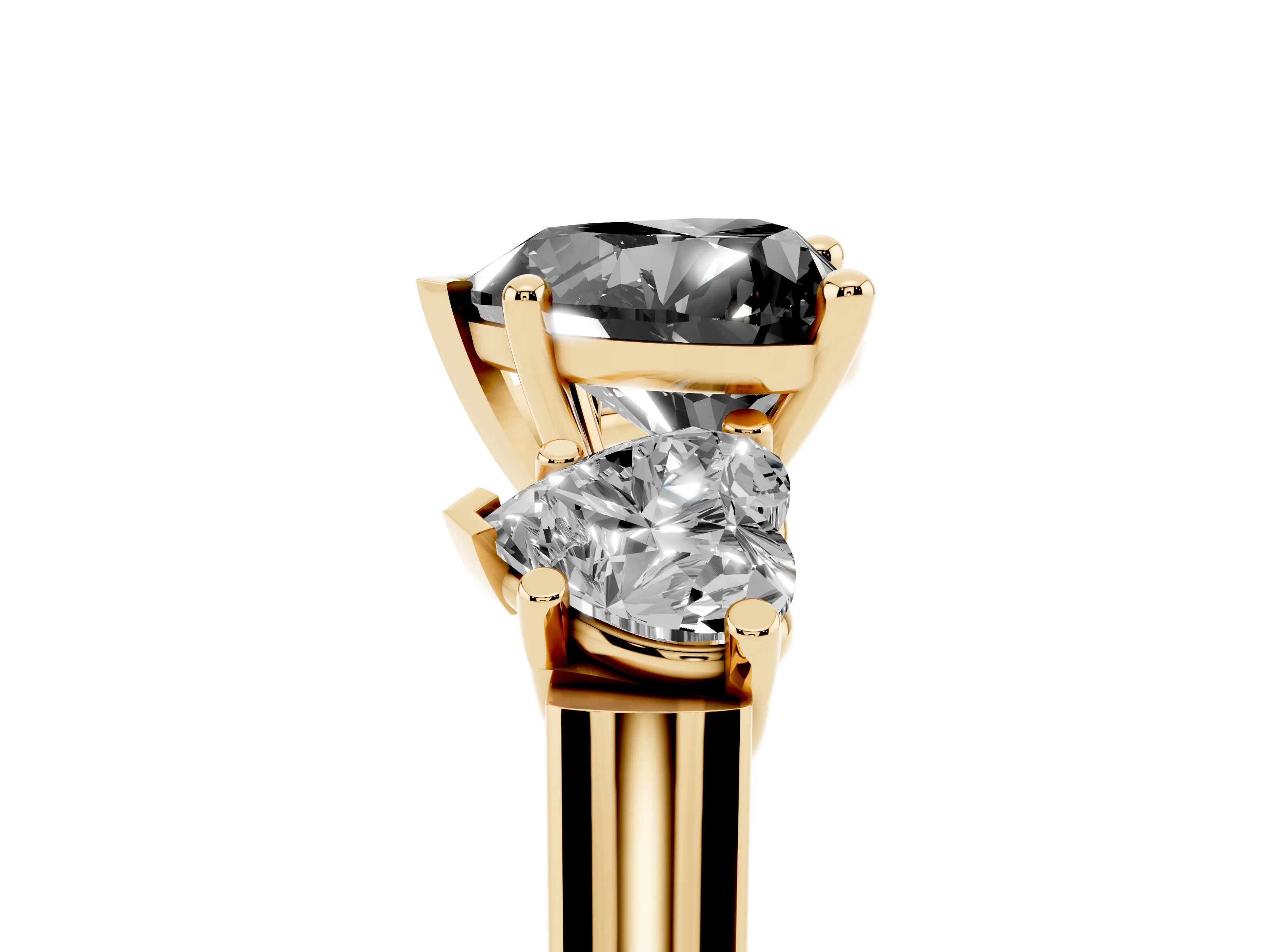 Fancy Black Heart Cut Diamond Three-Stone Trellis Ring Set in Yellow gold with Comfort Fit Band