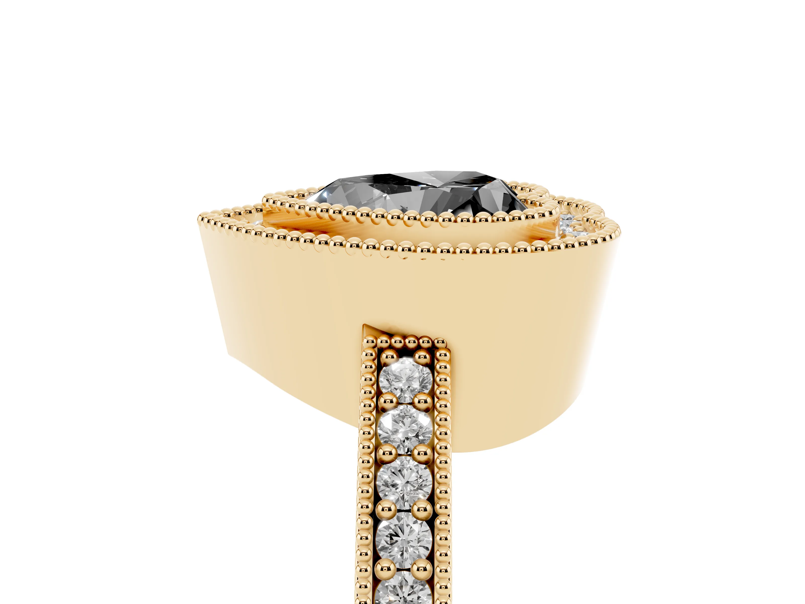 Fancy Black Heart Cut Diamond Halo Engagement Ring Set in Yellow gold with Pavé Band and Round Halo Stones