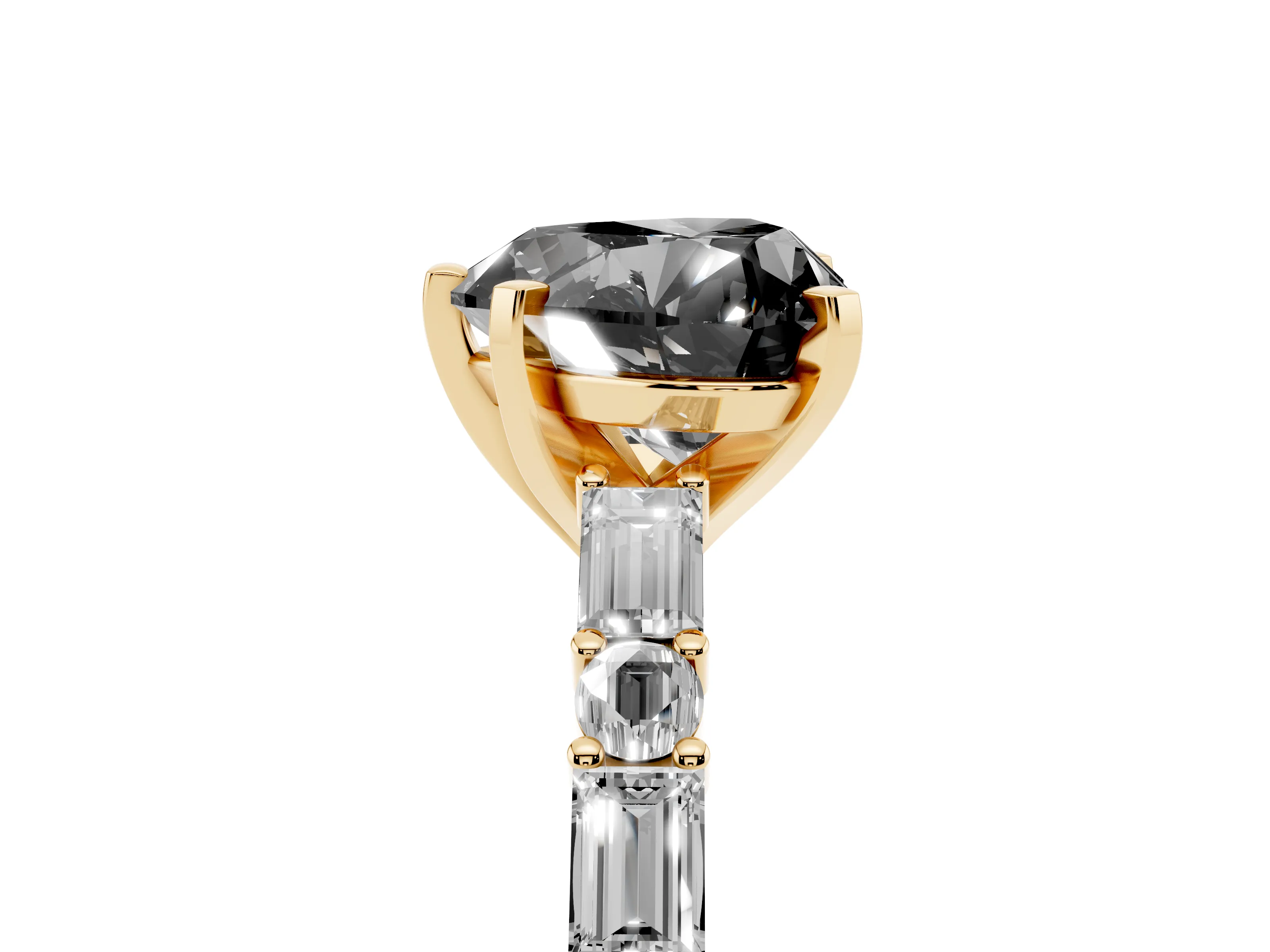 Fancy Black Heart Cut Diamond Solitaire Set in Yellow gold with Side Baguettes and Channel Set Band